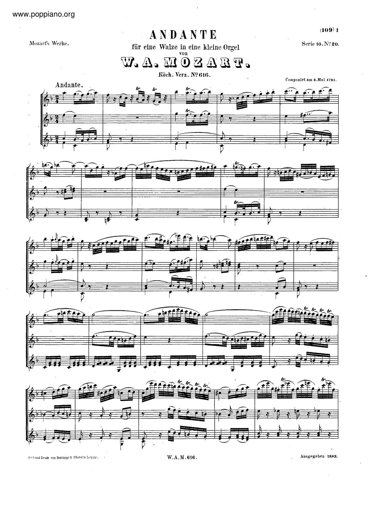 Andante In F Major, K. 616琴譜