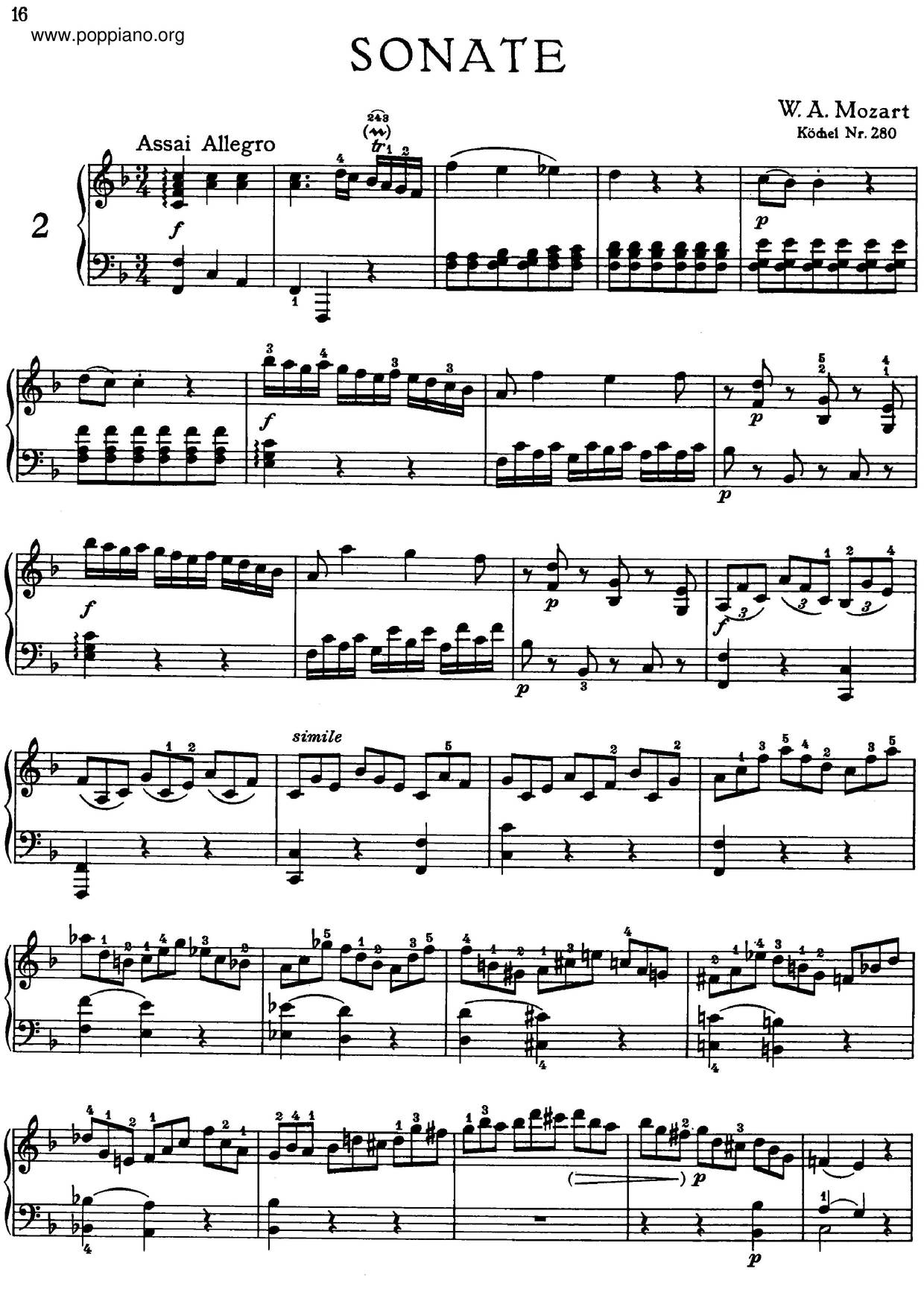 MozartPiano Sonata No. 2 In F Major, K. 280 Sheet Music pdf, Free