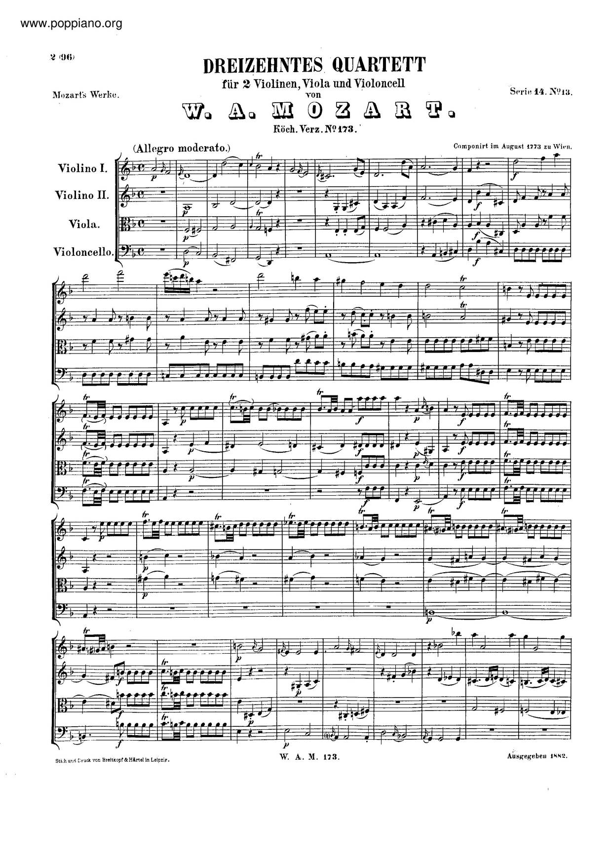 String Quartet No. 13 In D Minor, K. 173琴譜