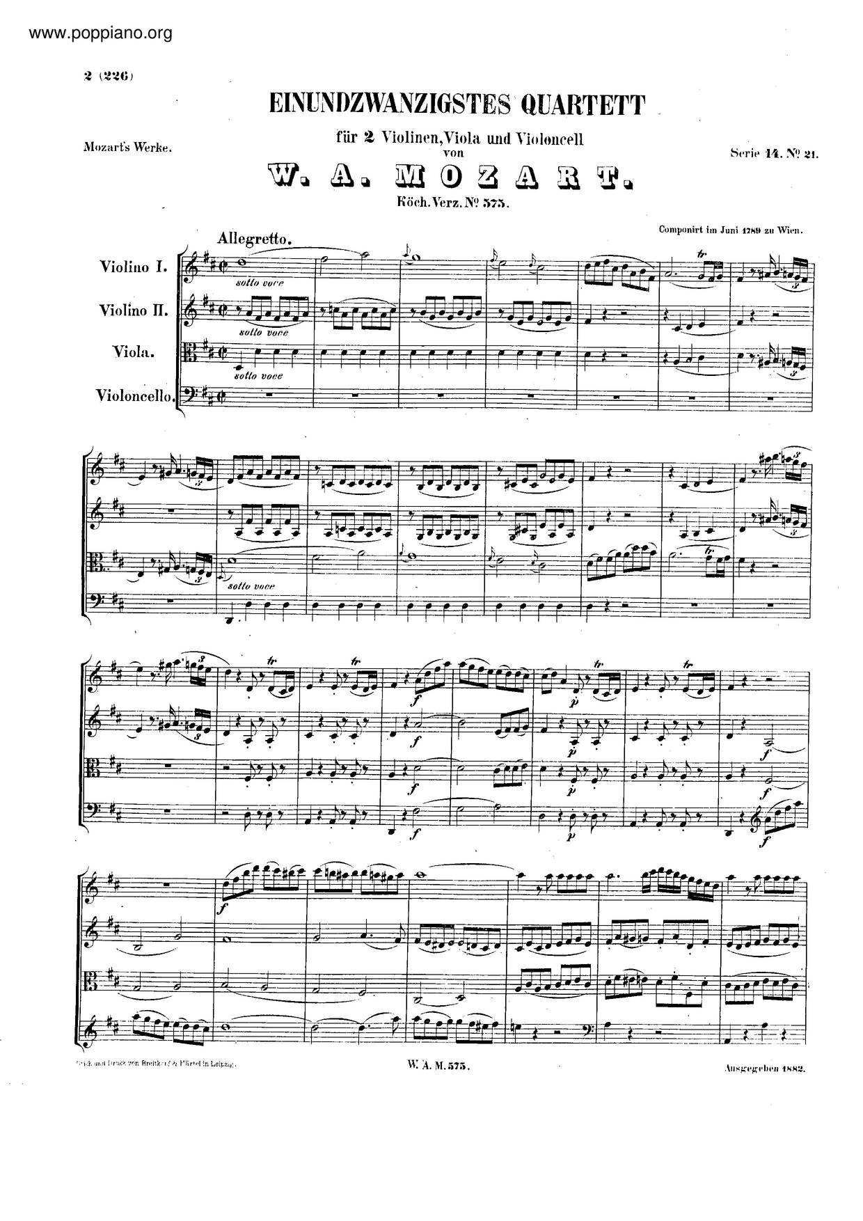 MozartString Quartet No. 21 In D Major 'The Violet', K. 575 Sheet