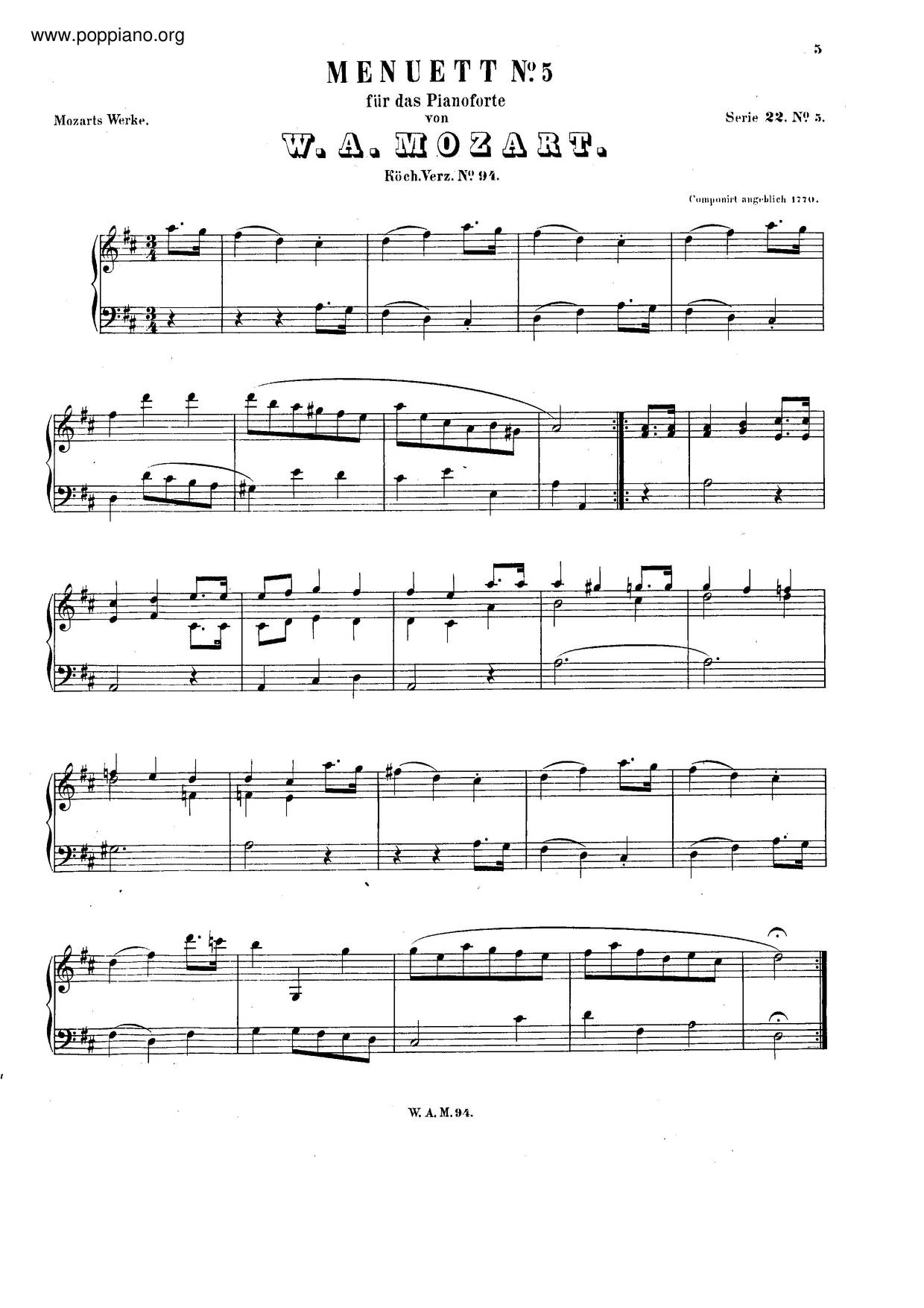 MozartMinuet In D Major, K. 94/73H Sheet Music pdf, Free Score
