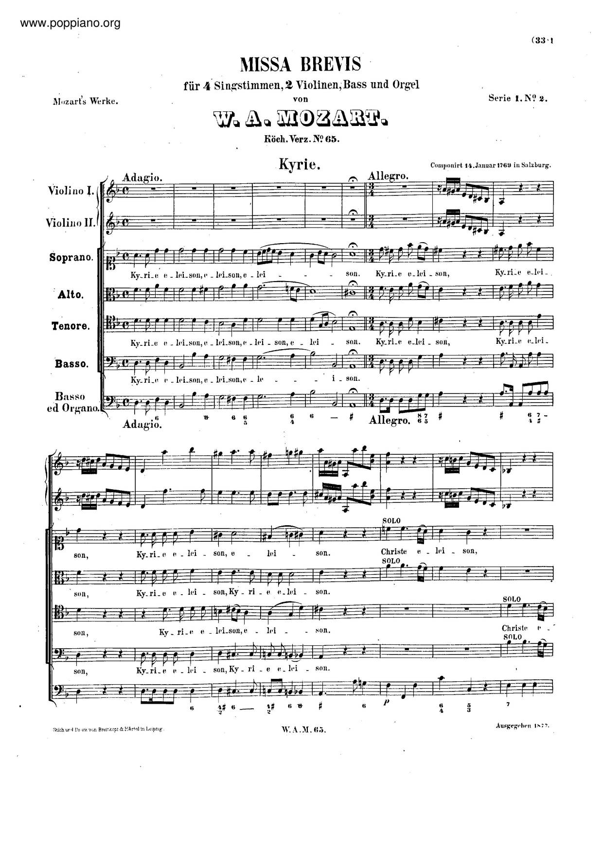 MozartMissa Brevis In D Minor, K. 65/61A Sheet Music pdf, Free Score