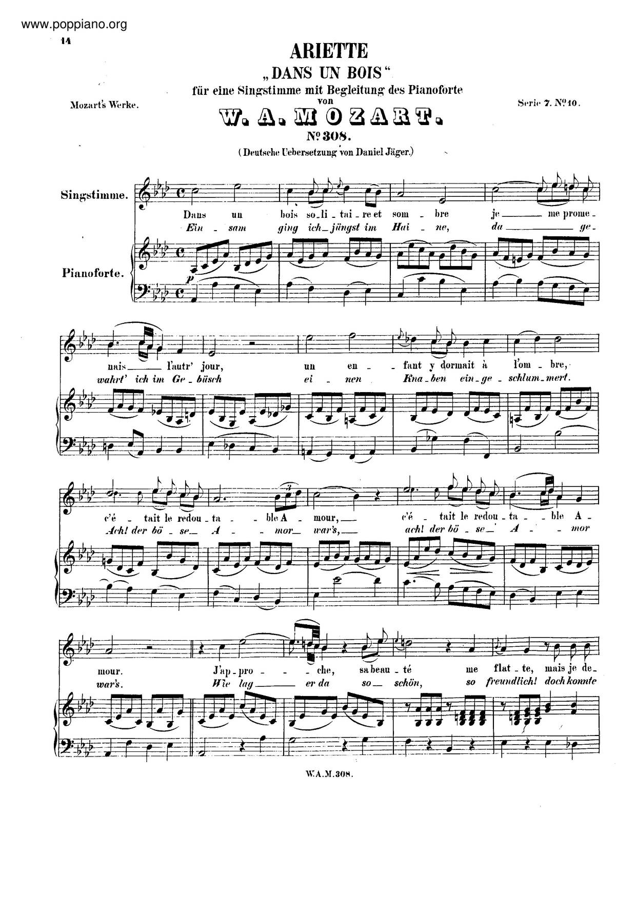 MozartDans Un Bois Solitaire, K. 308/295B Sheet Music pdf, Free Score Download ★