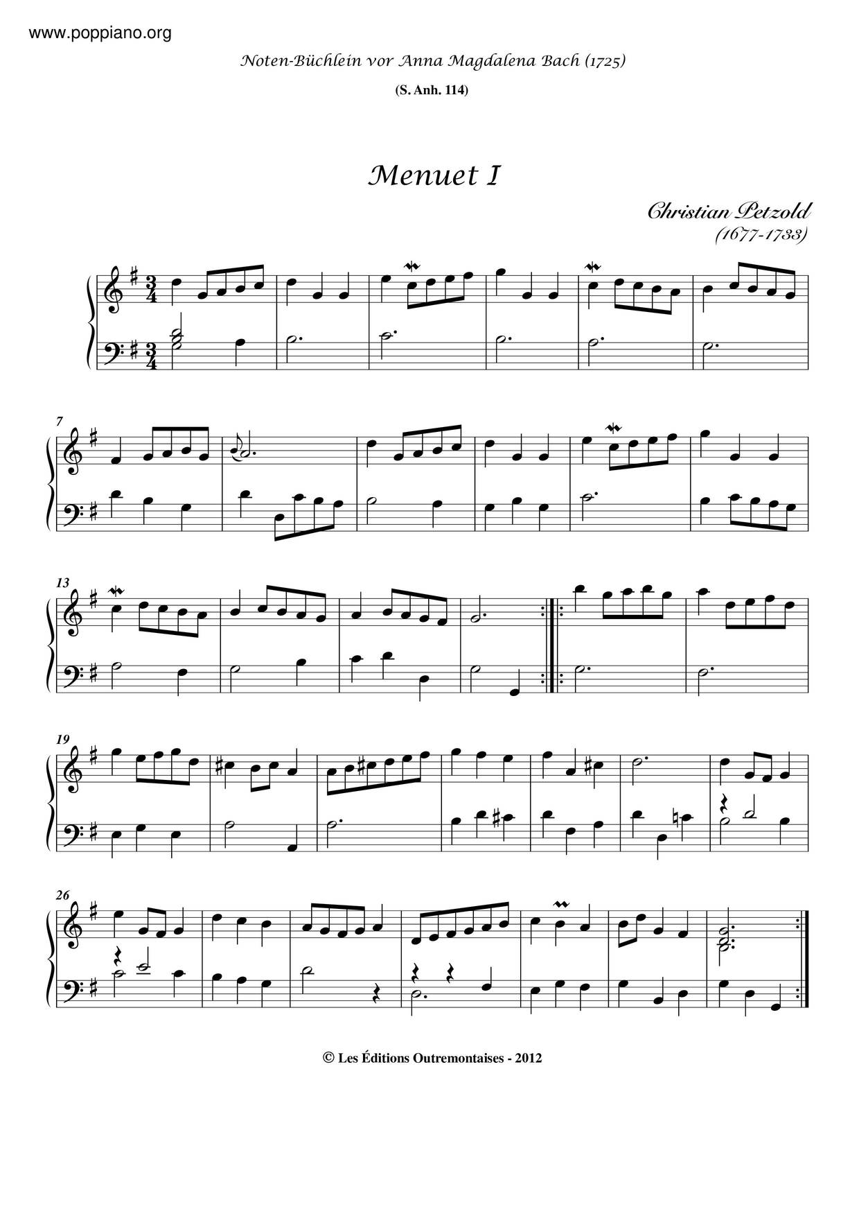 Menuets In G Major, BWV Anh. 114-115琴譜