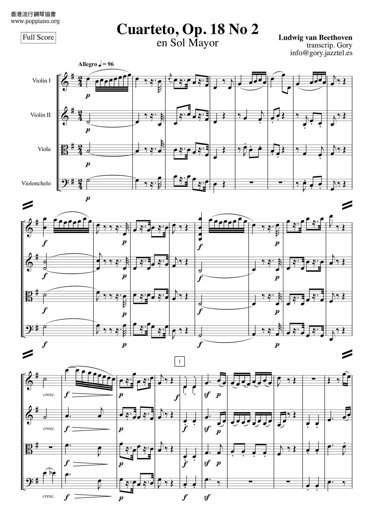 BeethovenString Quartet No. 2 In G Major, Op. 18 No. 2 Sheet Music pdf