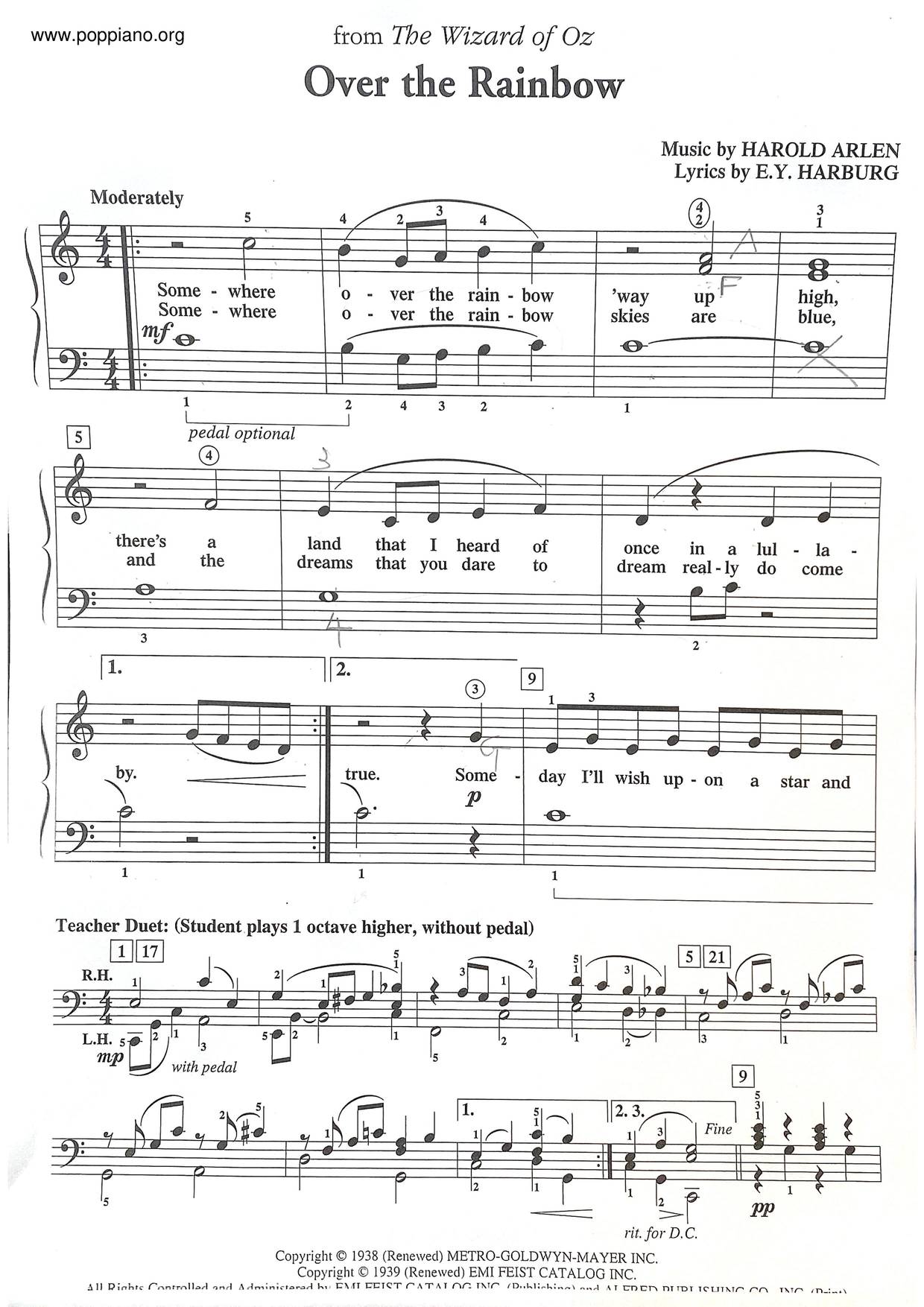 Free Printable Piano Sheet Music Somewhere Over The Rainbow