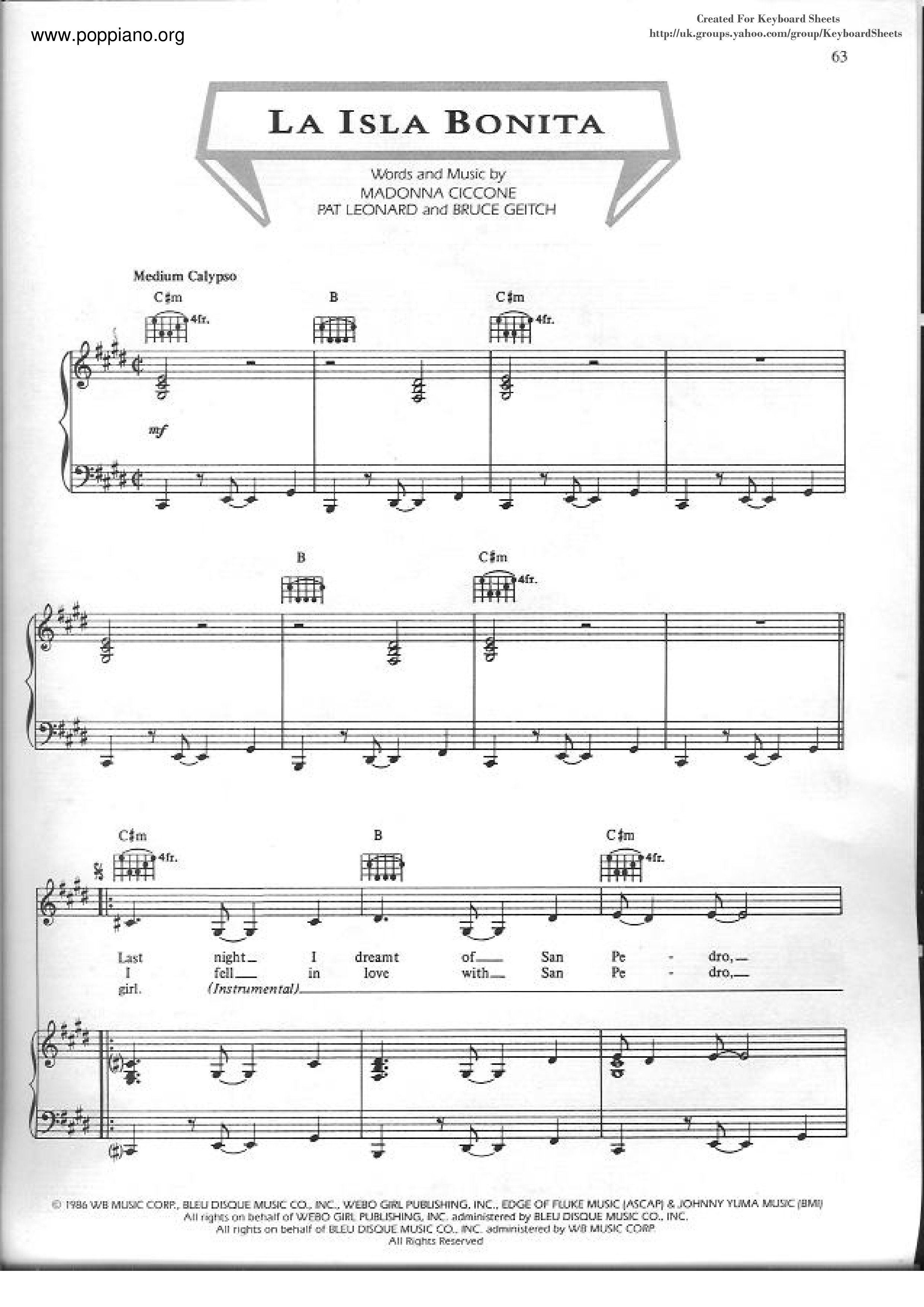 MadonnaLa Isla Bonita Sheet Music pdf, Free Score Download ★