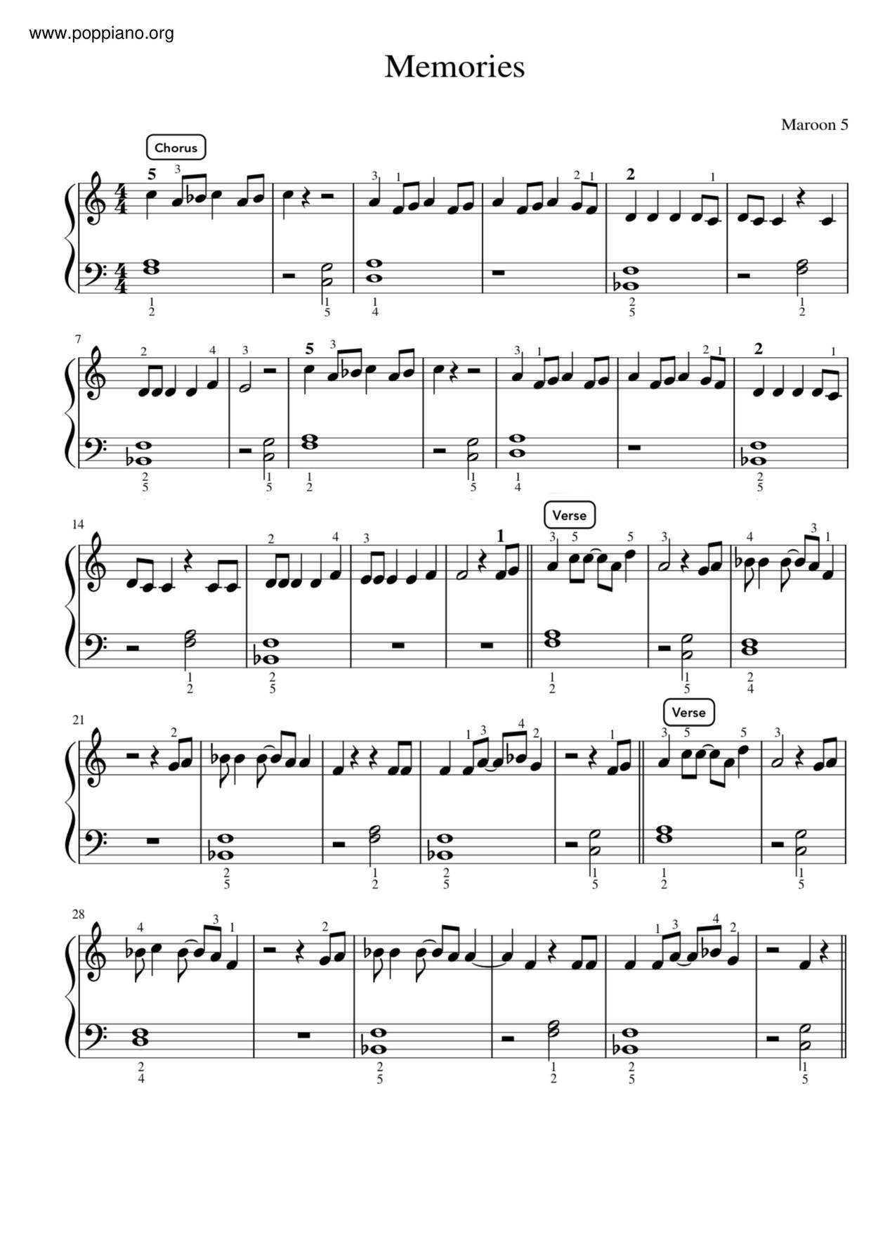 Maroon 5 Memories Sheet Music Pdf Free Score Download