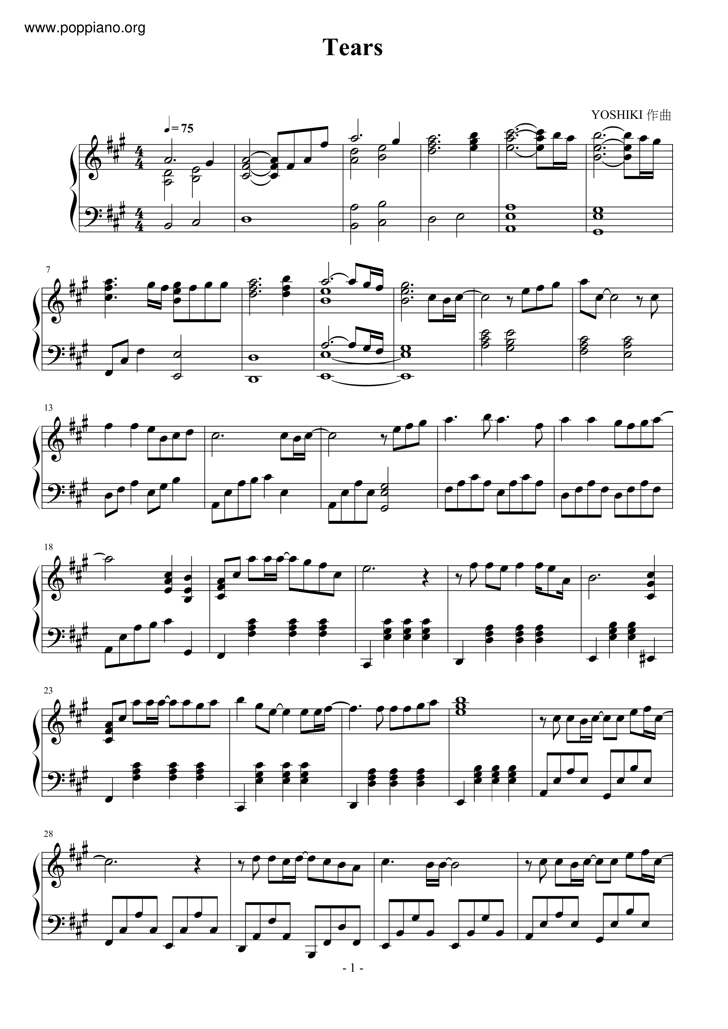 X Japan Tears 琴譜 五線譜pdf X Japan 香港流行鋼琴協會琴譜下載