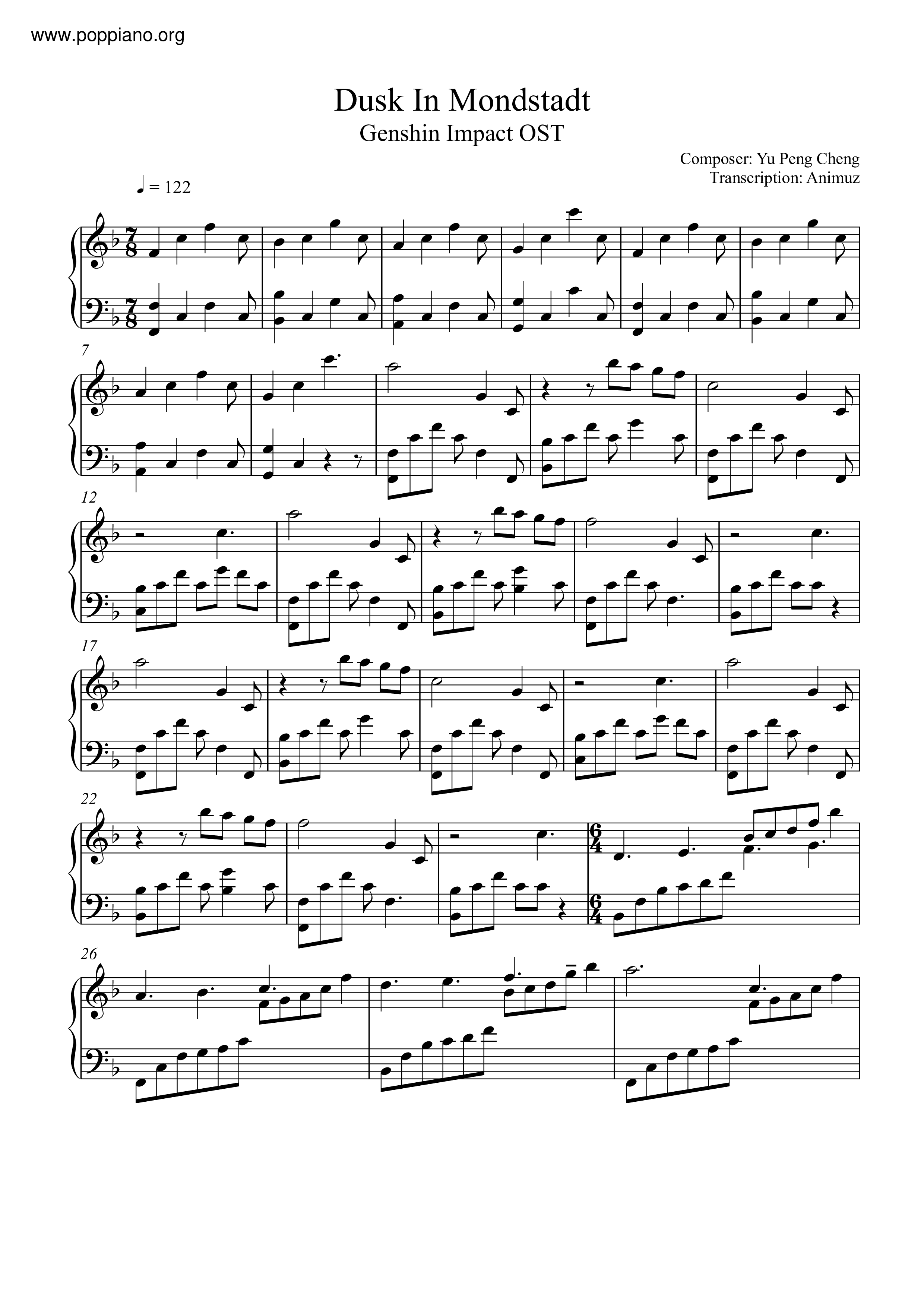 YuPeng ChenGenshin Impact Dusk In Mondstadt 琴谱/五线谱pdf香港流行钢琴协会琴谱下载 ★