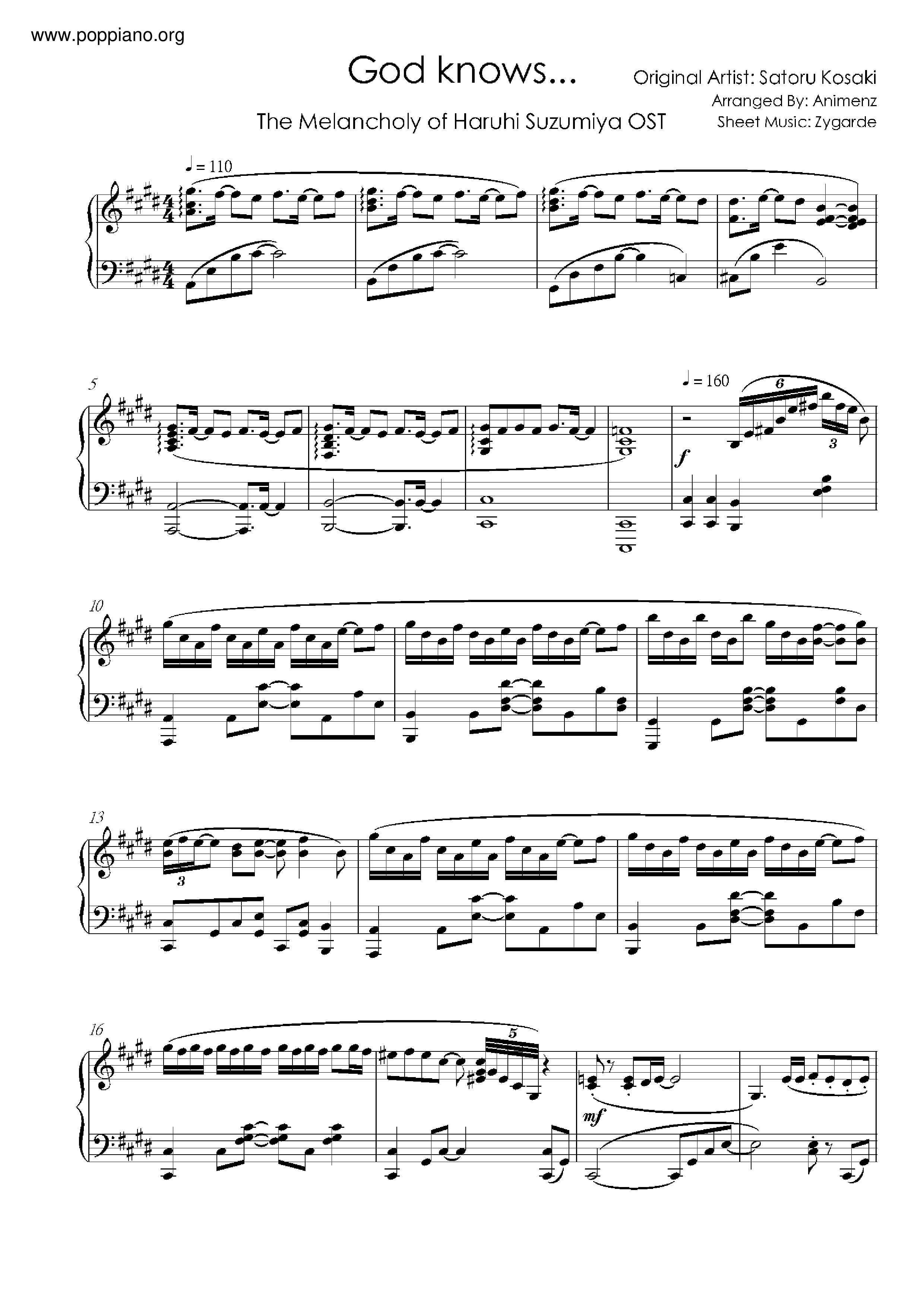Anime God Knows The Melancholy Of Haruhi Suzumiya Sheet Music Pdf すずみや はるひ の ゆううつ 楽譜 アニメソング Free Score Download