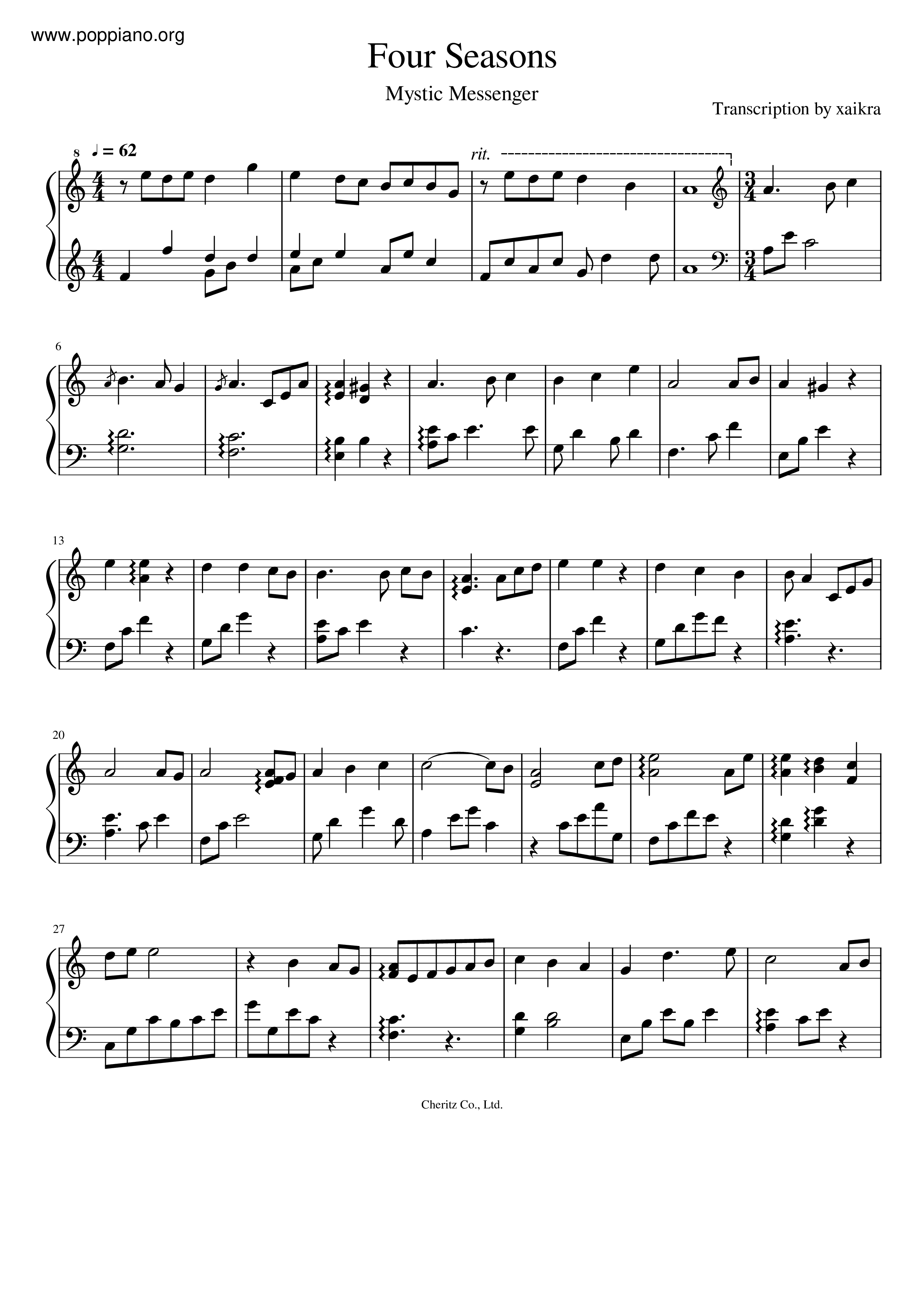 coro Ficticio Contar ☆ Four Seasons | Sheet Music | Piano Score Free PDF Download | HK Pop Piano  Academy