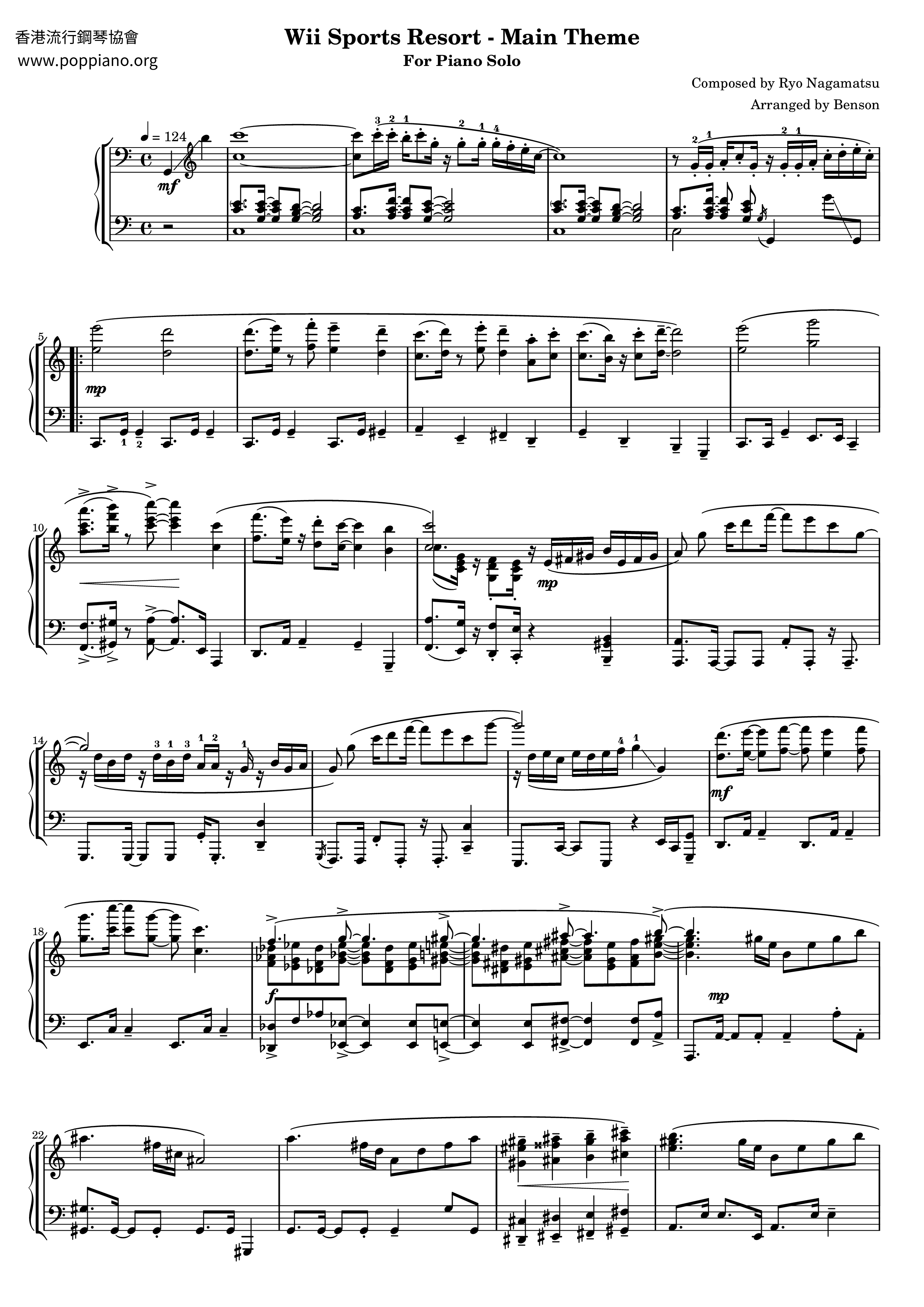 ビデオゲームの歌 Wii Sports Resort Main Theme ピアノ譜pdf 香港ポップピアノ協会 無料pdf楽譜ダウンロード Gakufu