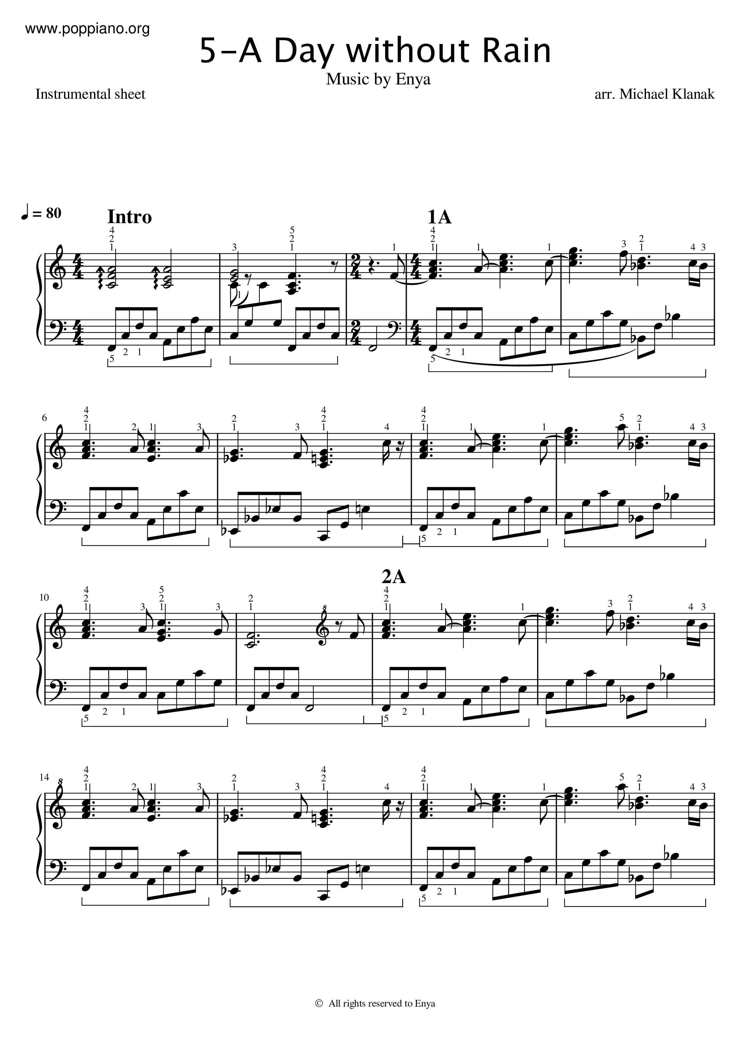 Enya A Day Without Rain ピアノ譜pdf 香港ポップピアノ協会 無料pdf楽譜ダウンロード Gakufu