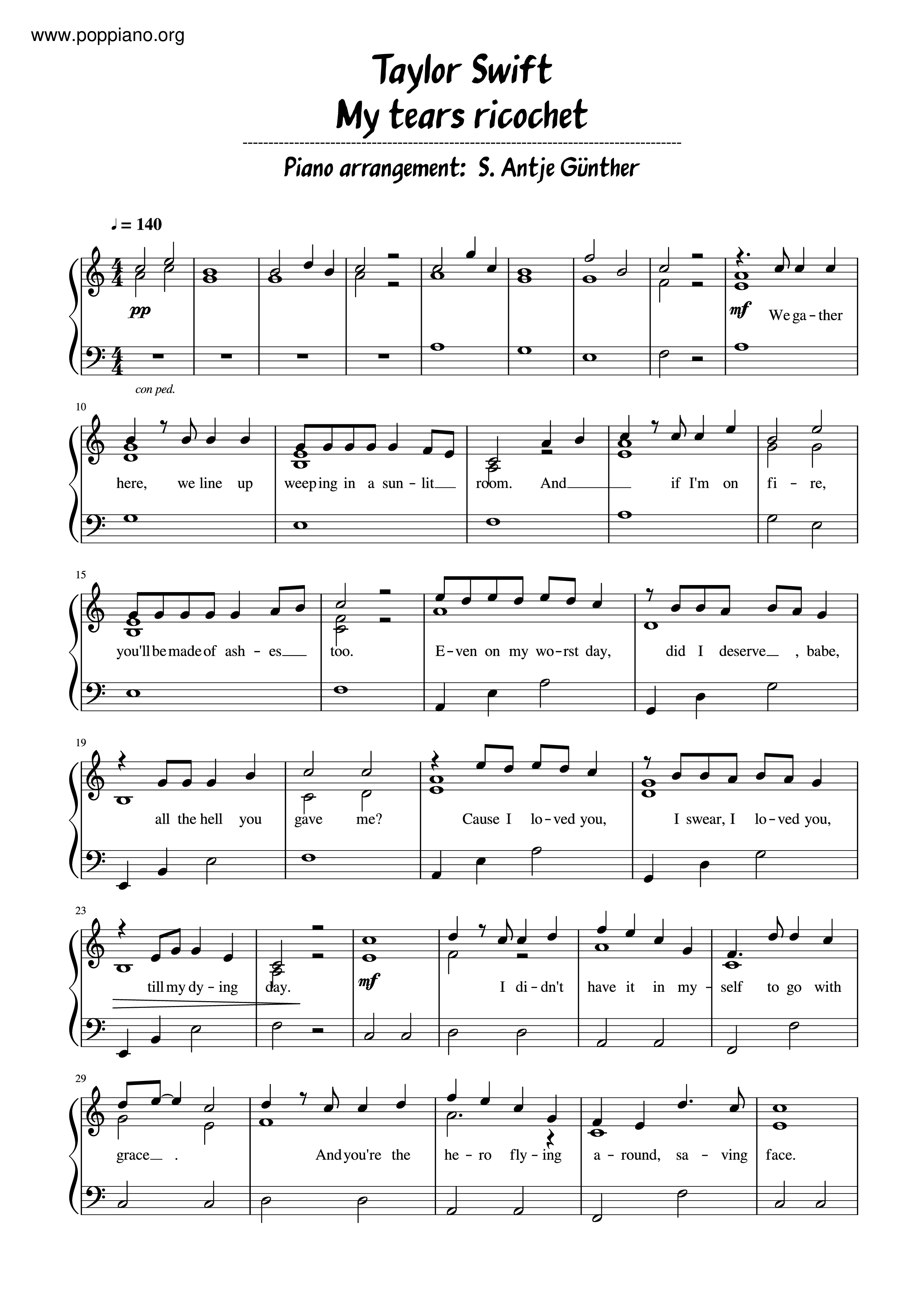 Taylor Swift My Tears Ricochet 琴谱 五线谱pdf 香港流行钢琴协会琴谱下载