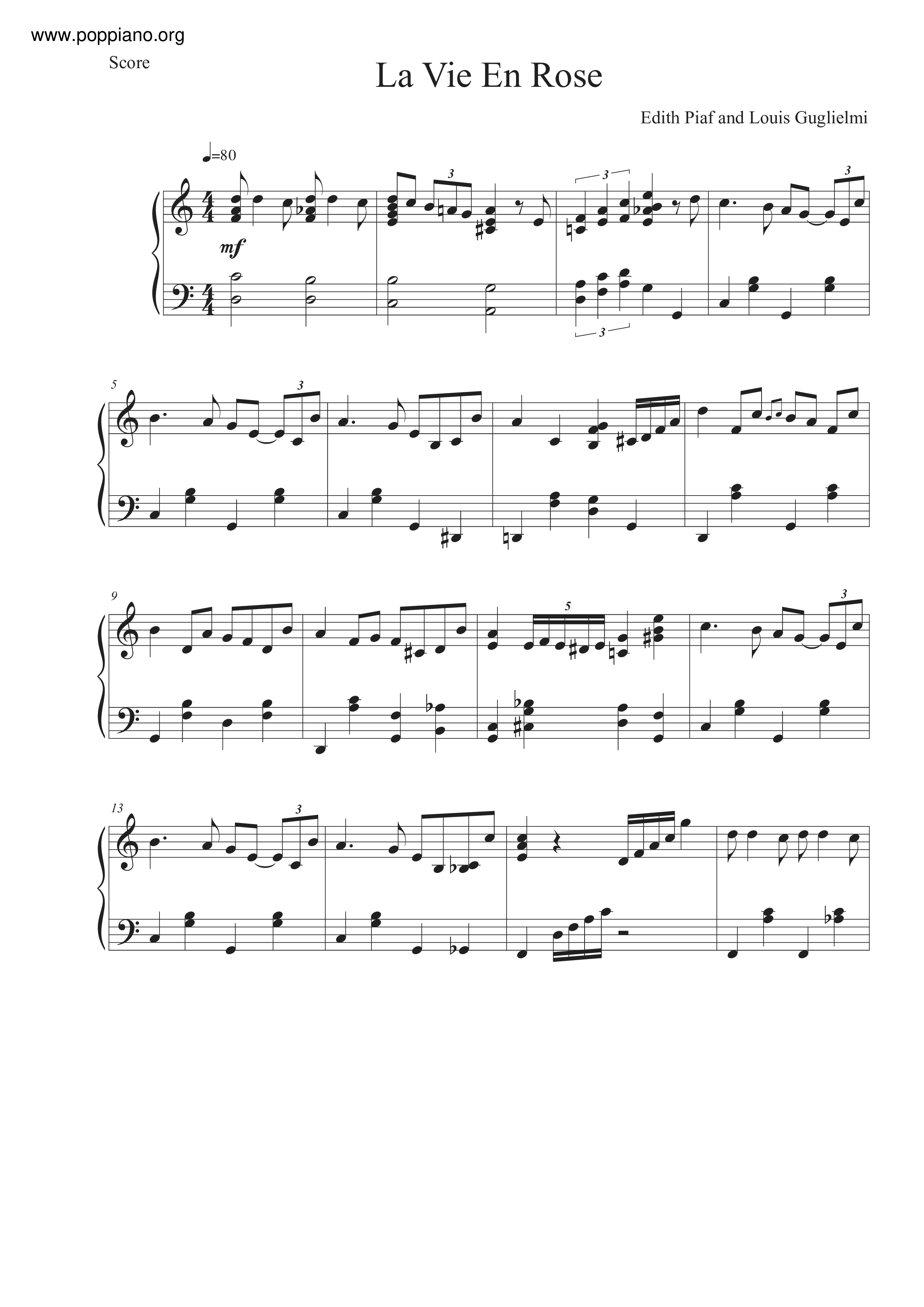 Edith Piaf La Vie En Rose Sheet Music Pdf Free Score Download