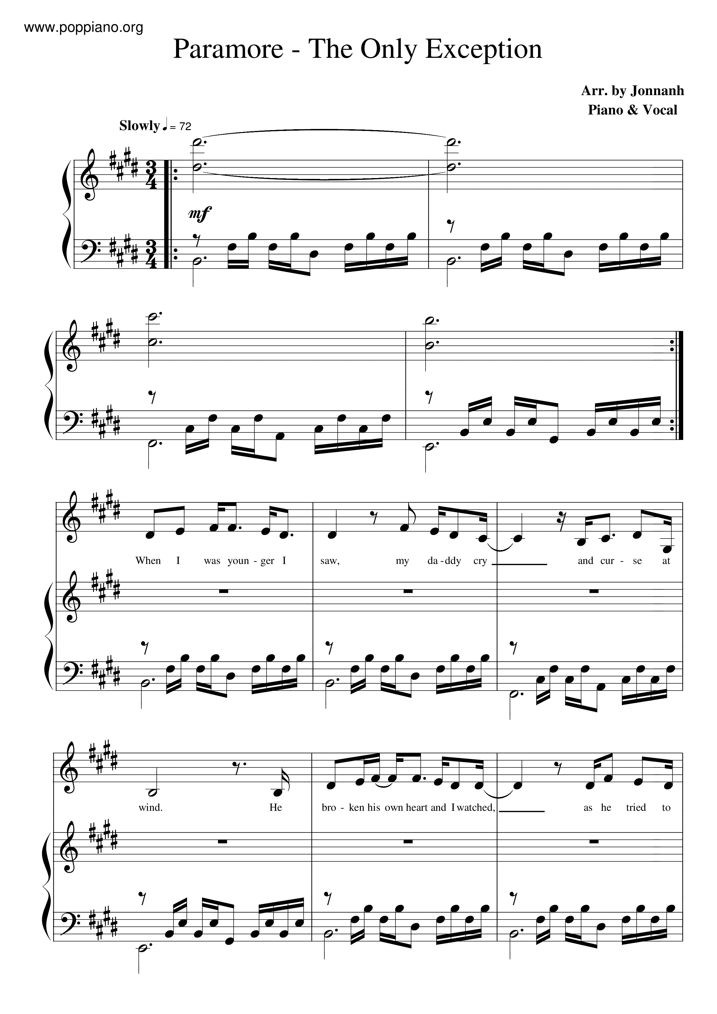 Paramore The Only Exception Sheet Music Pdf Free Score Download