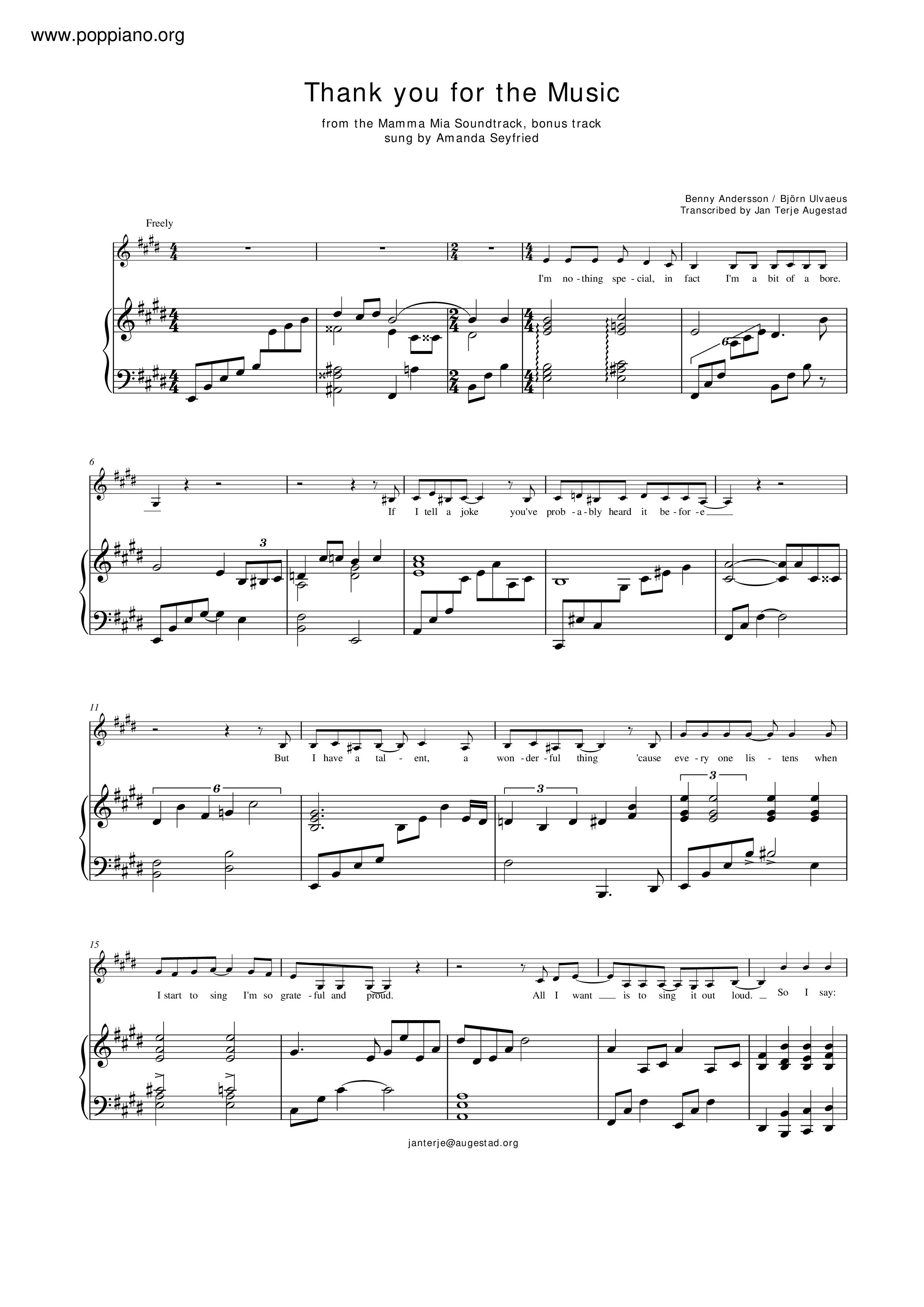 AbbaThank You You For The Music Sheet Music pdf, Free Score Download ★