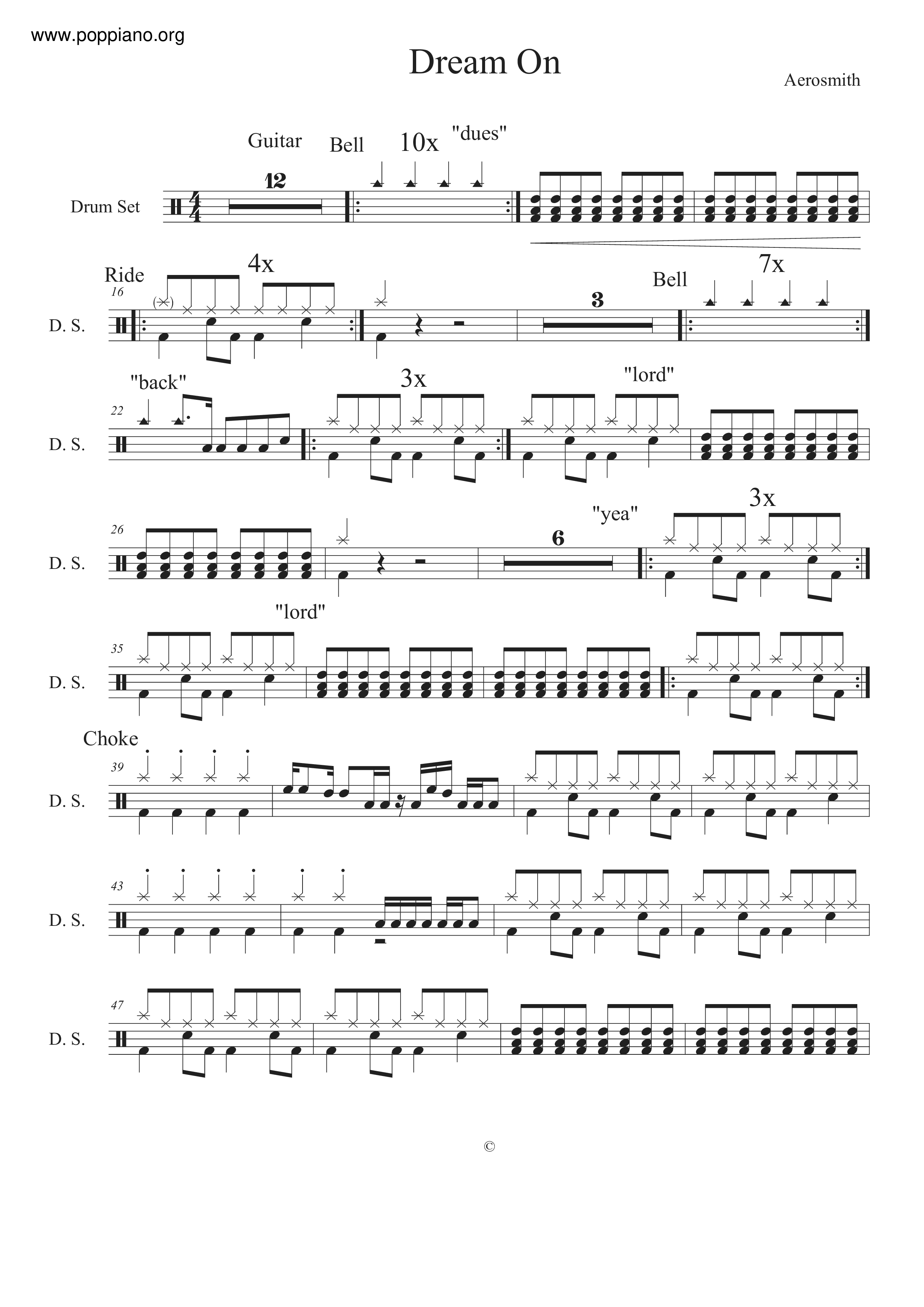 AerosmithDream On Drum Tab pdf, Free Score Download ★