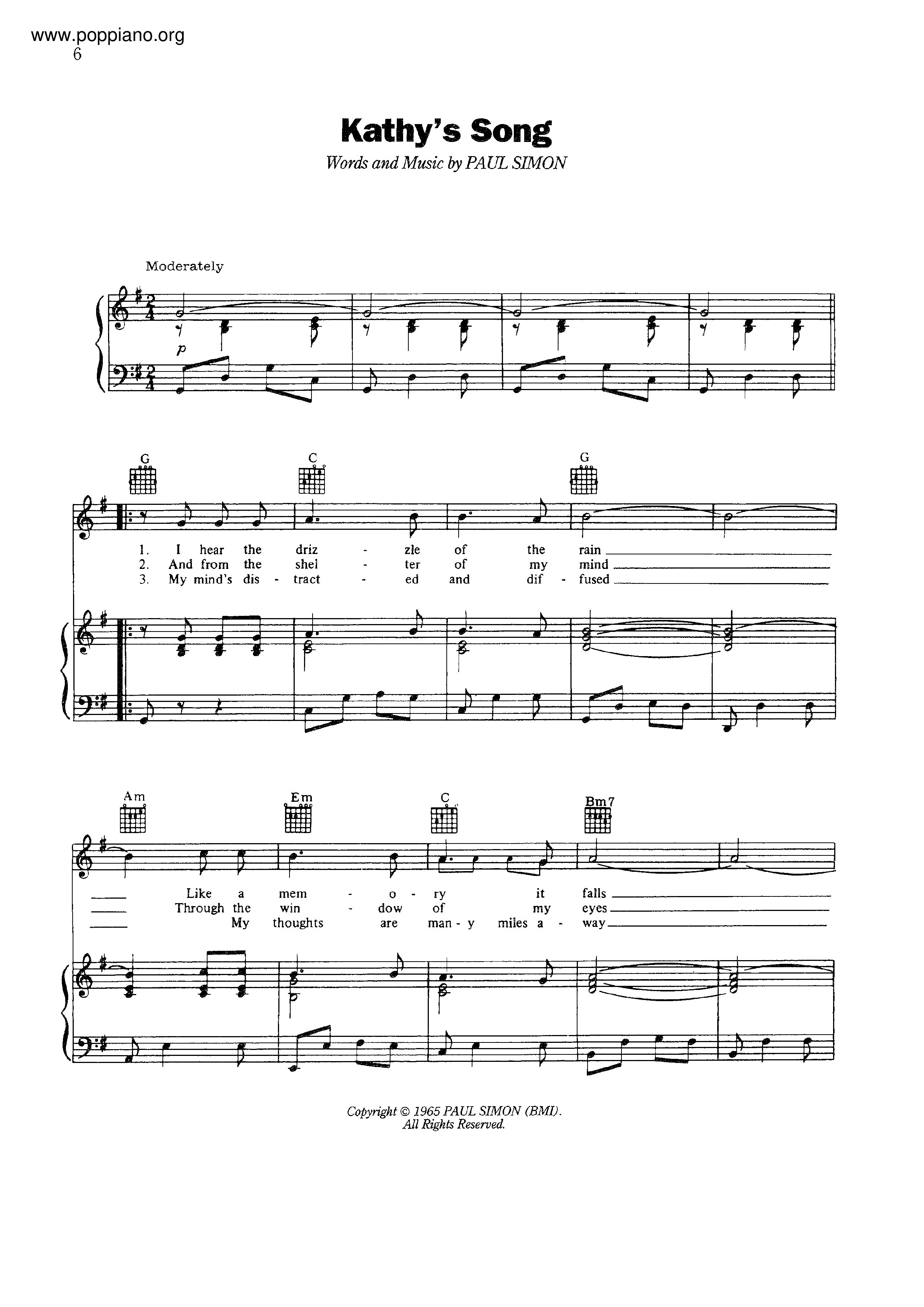 Simon & GarfunkelKathy's Song Sheet Music pdf, Free Score Download ★