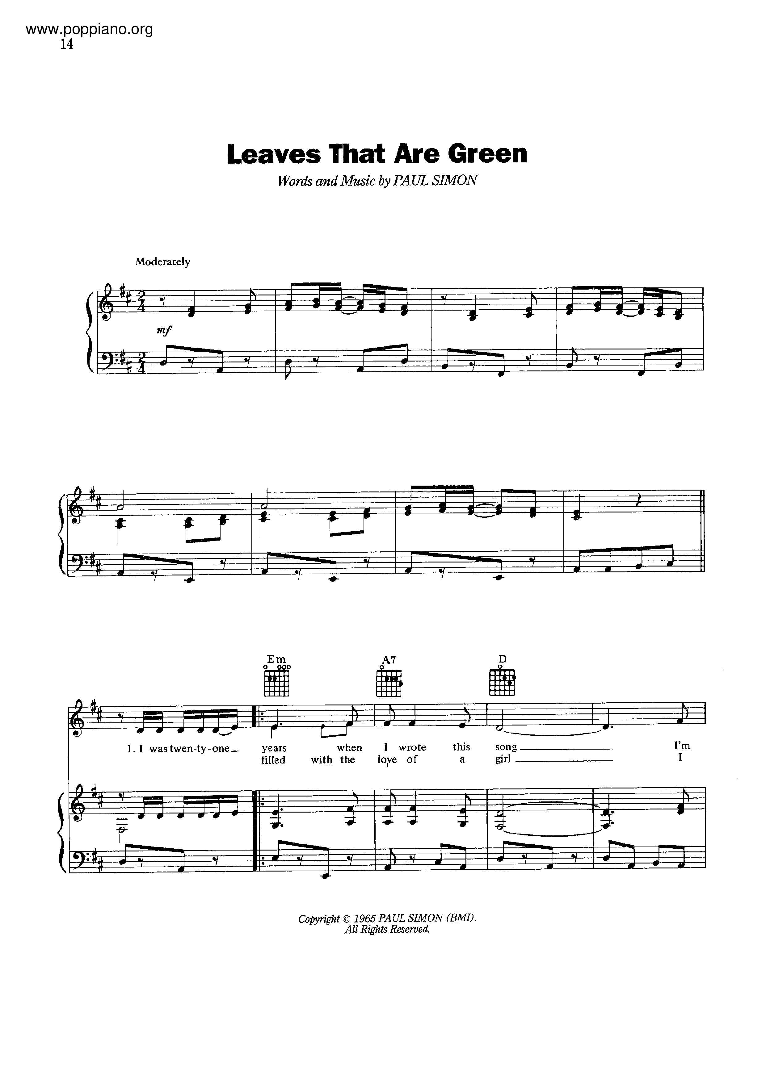 Simon & GarfunkelLeaves That Are Green Sheet Music pdf, Free Score