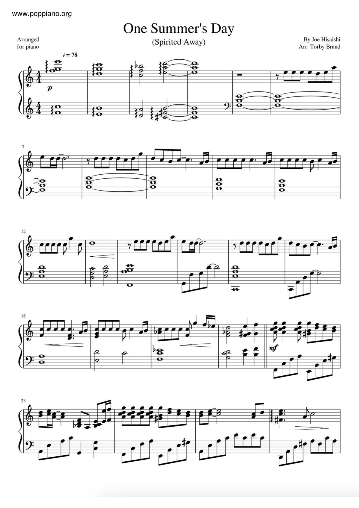 Joe Hisaishi 千與千尋 One Summer S Day Sheet Music Pdf 千と千尋の神隠し あの夏へ 楽譜 ひさいしじょう Free Score Download