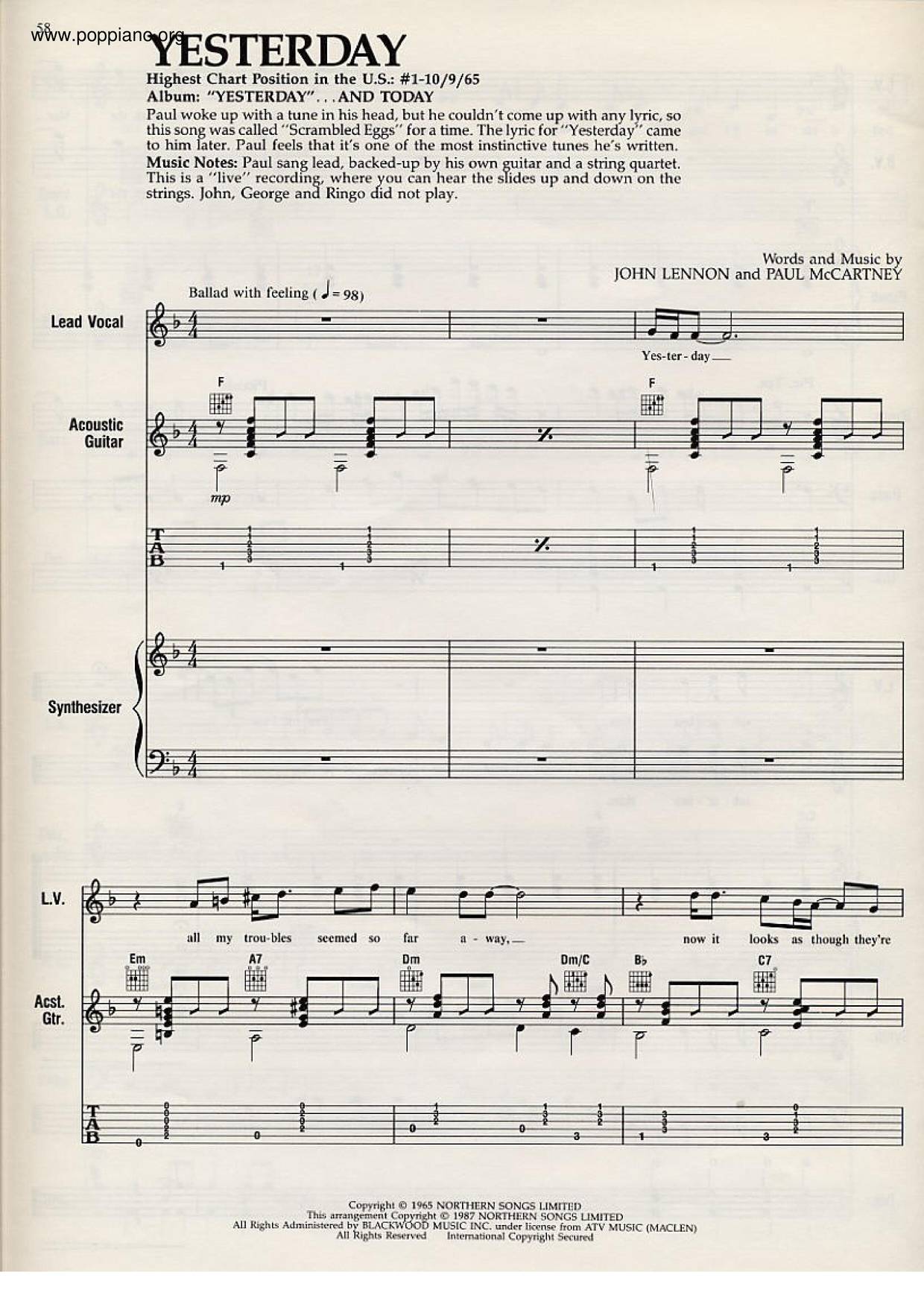 The Beatles Yesterday Sheet Music Pdf Free Score Download The Beatles Yesterday Sheet Music Pdf Free Score Download