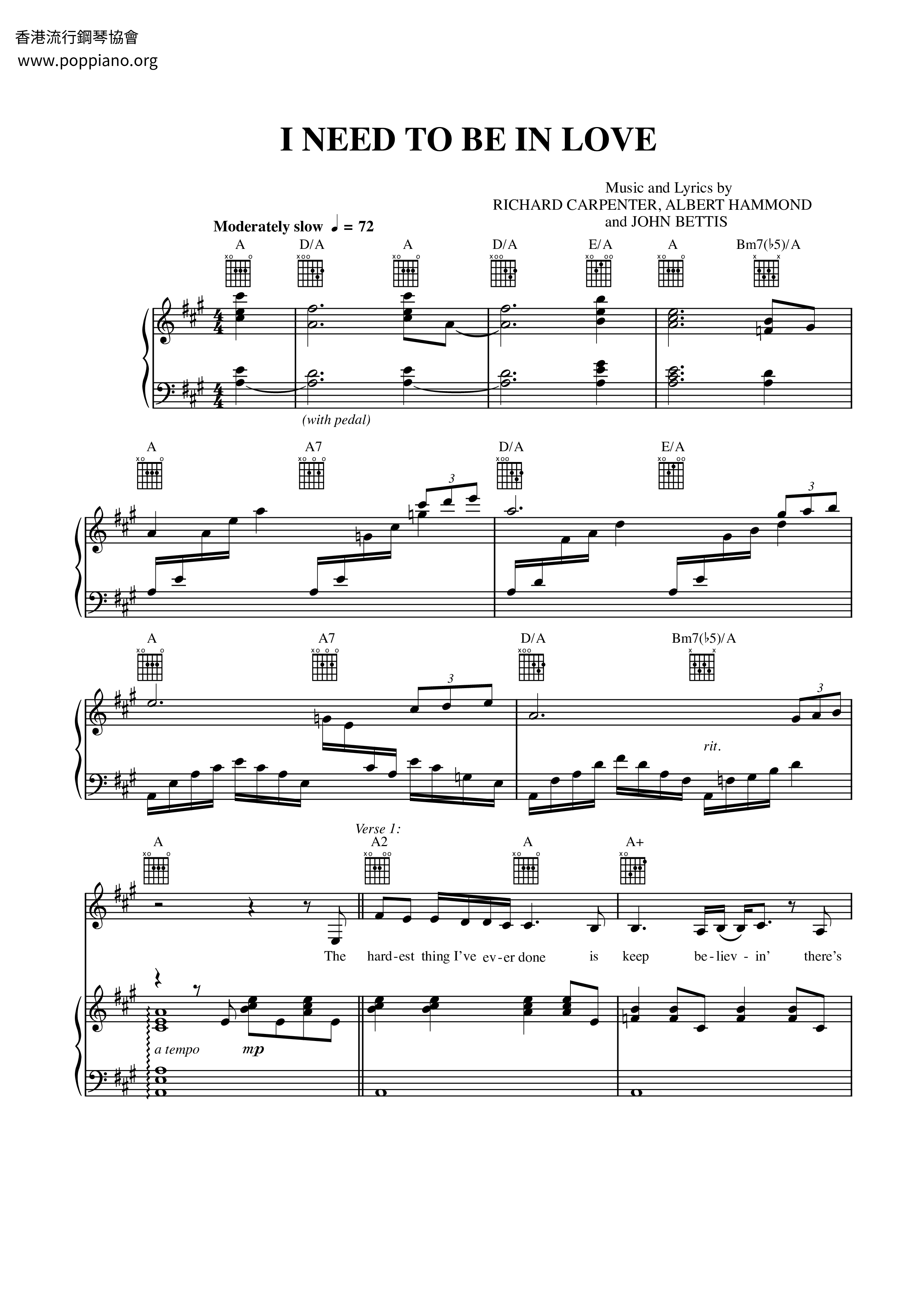 I Need To Be In Love PDF琴譜免費下載 香港流行鋼琴協會 ★
