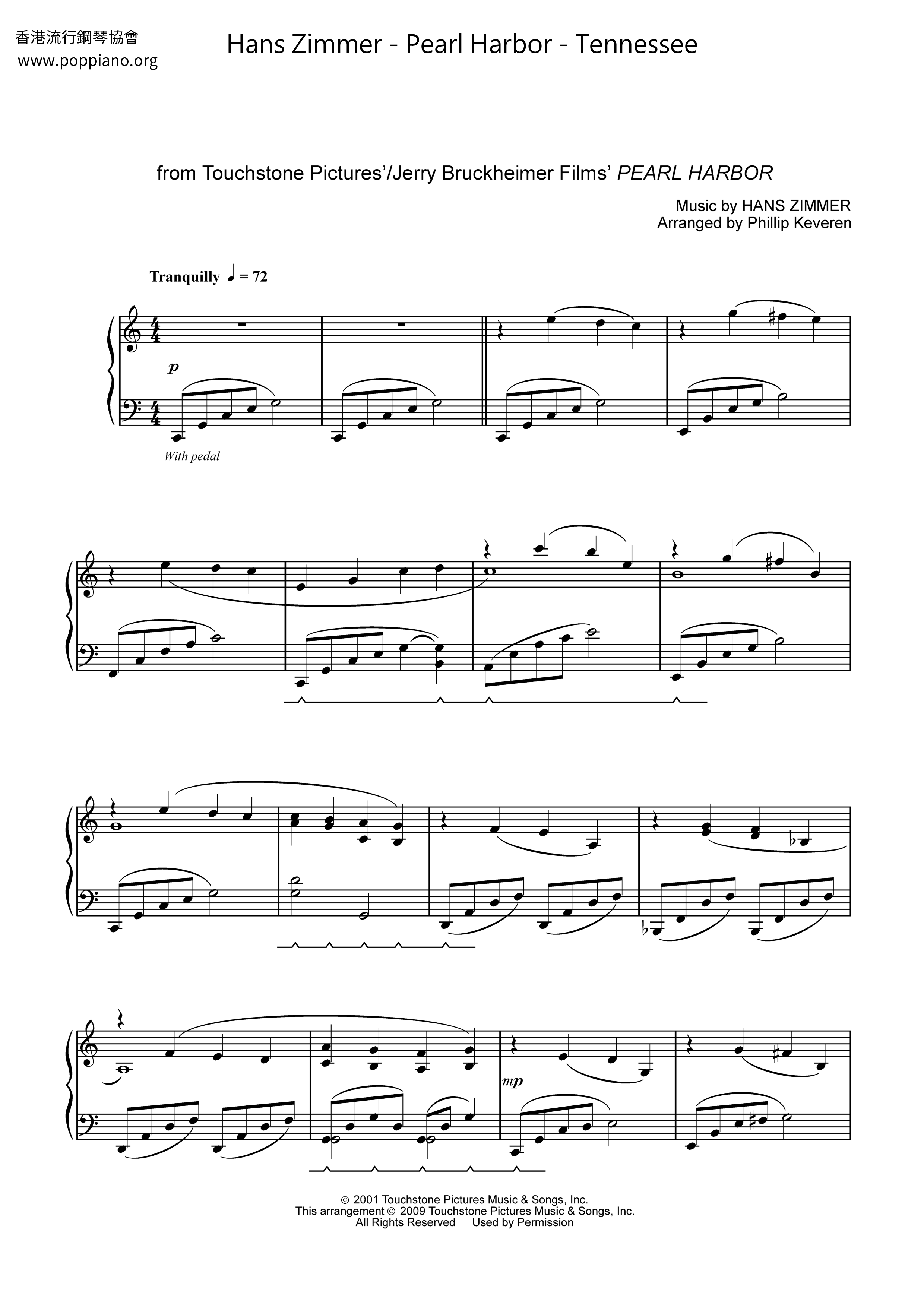 Hans ZimmerPearl Harbor Tennessee 琴譜pdf香港流行鋼琴協會琴譜下載 ★