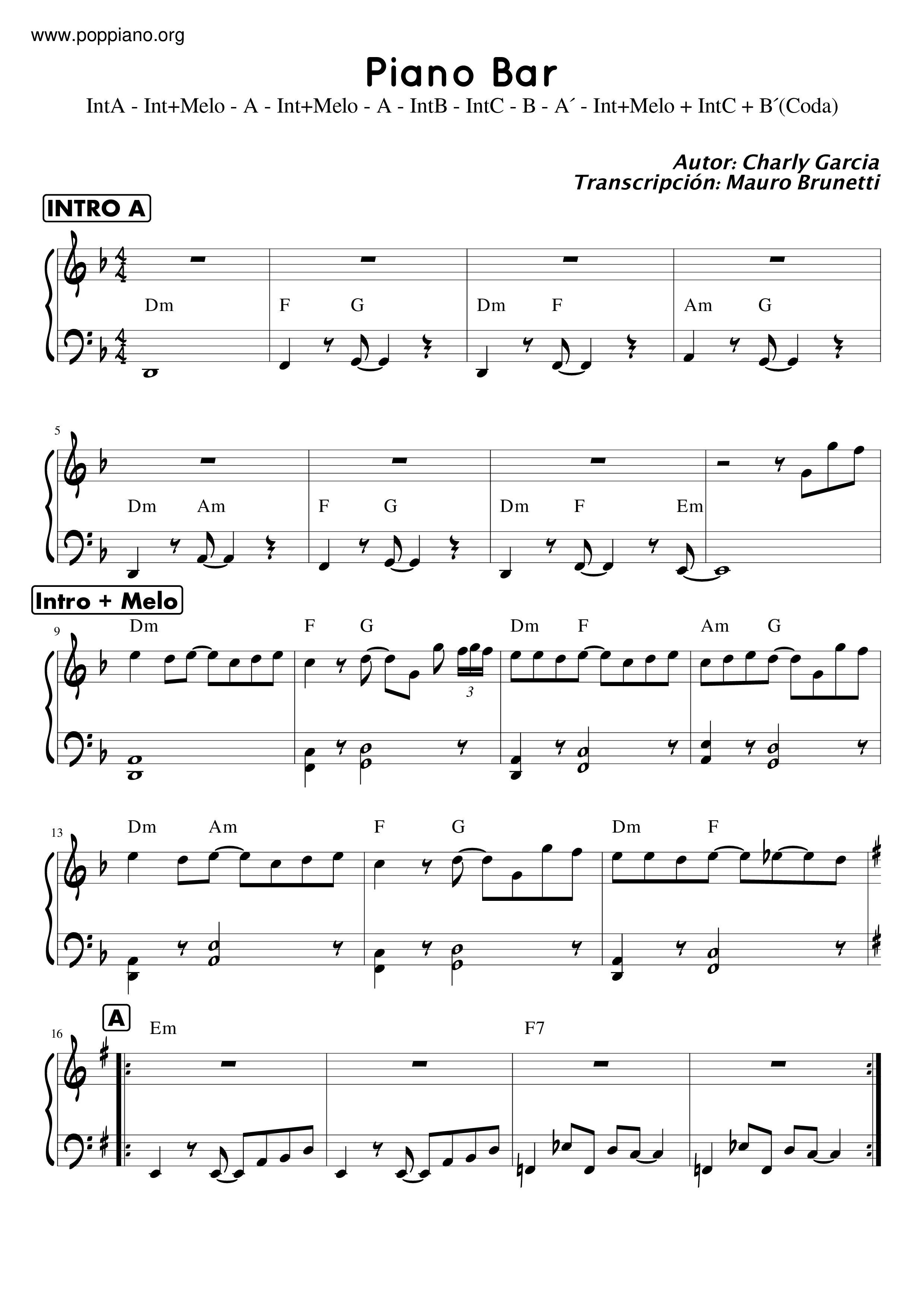 Charly GarciaPiano Bar Sheet Music pdf, Free Score Download ★
