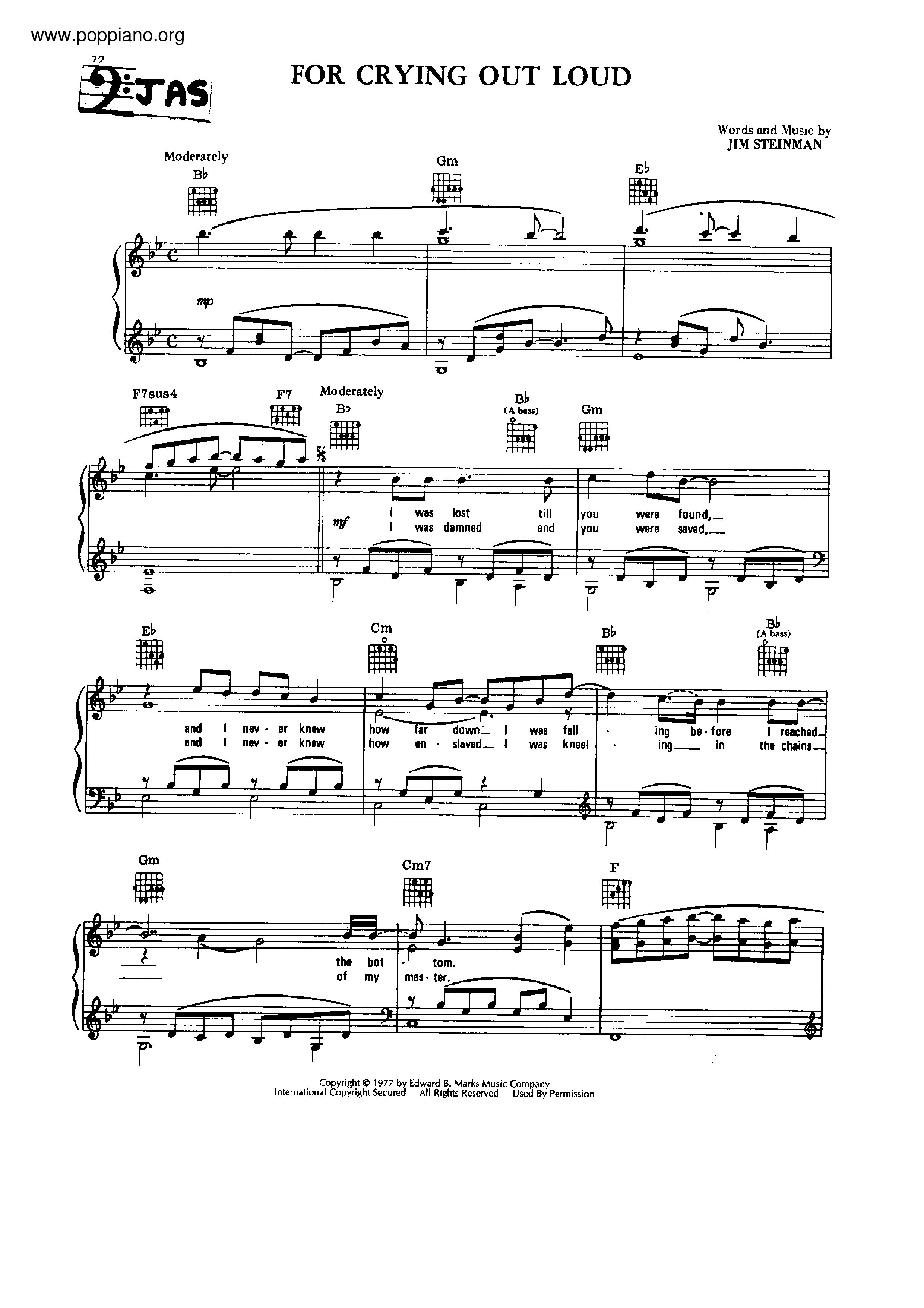 Meat LoafFor Crying Out Loud Sheet Music pdf, Free Score Download ★