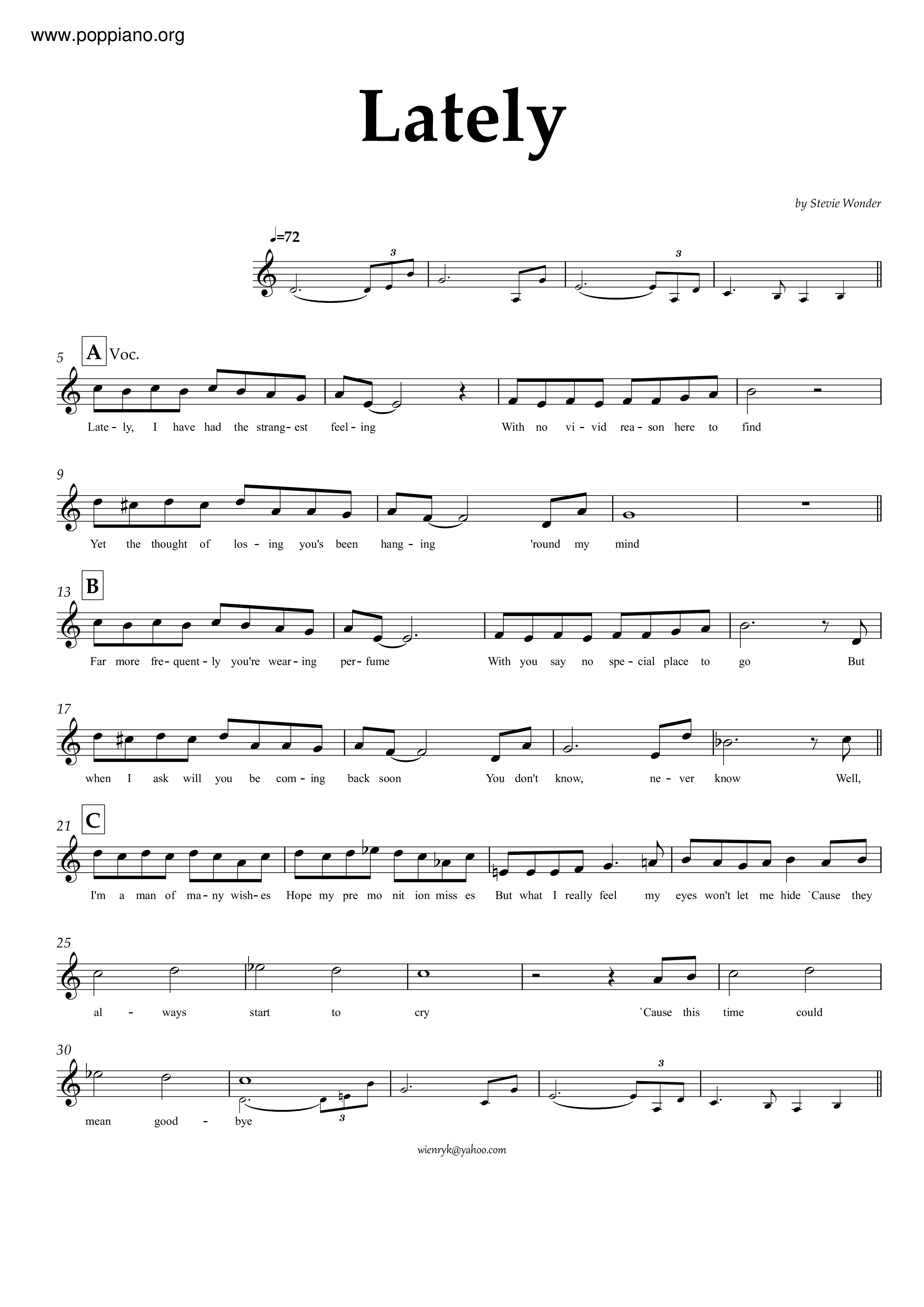 Stevie Wonder Lately 小提琴譜pdf 香港流行鋼琴協會琴譜下載