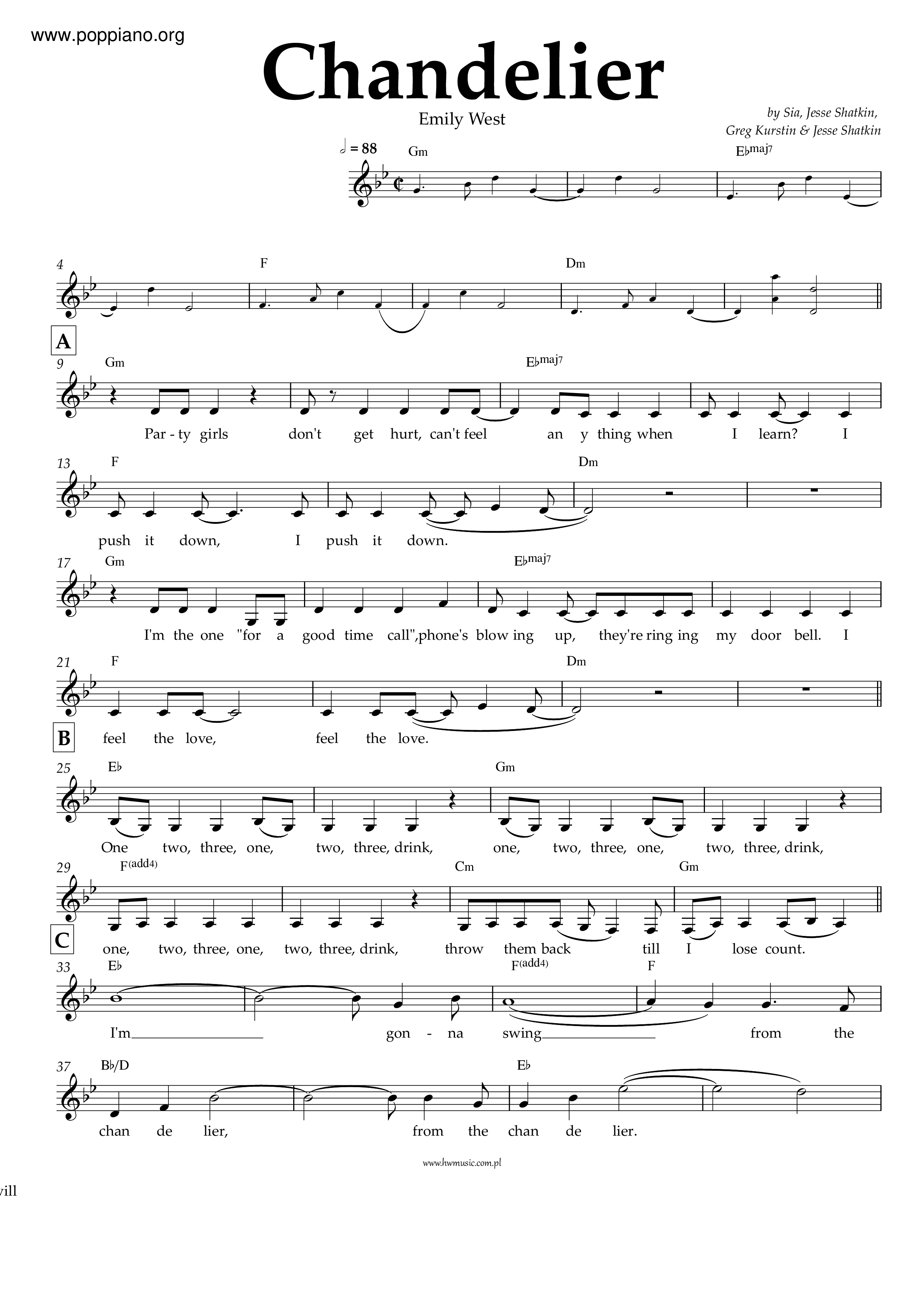 Sia Chandelier 小提琴谱pdf 香港流行钢琴协会琴谱下载