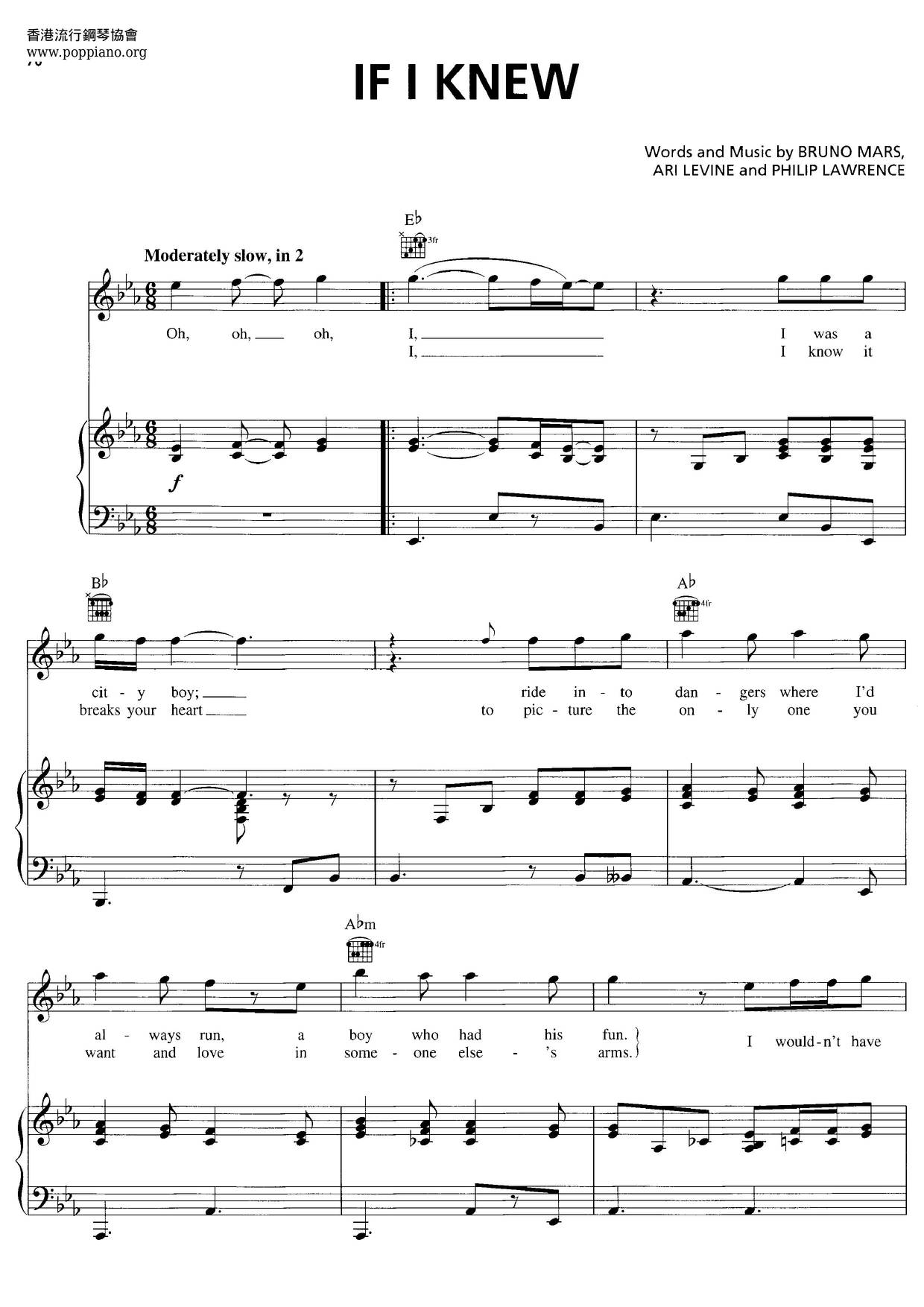 Bruno MarsIf I Knew Sheet Music pdf, Free Score Download ★
