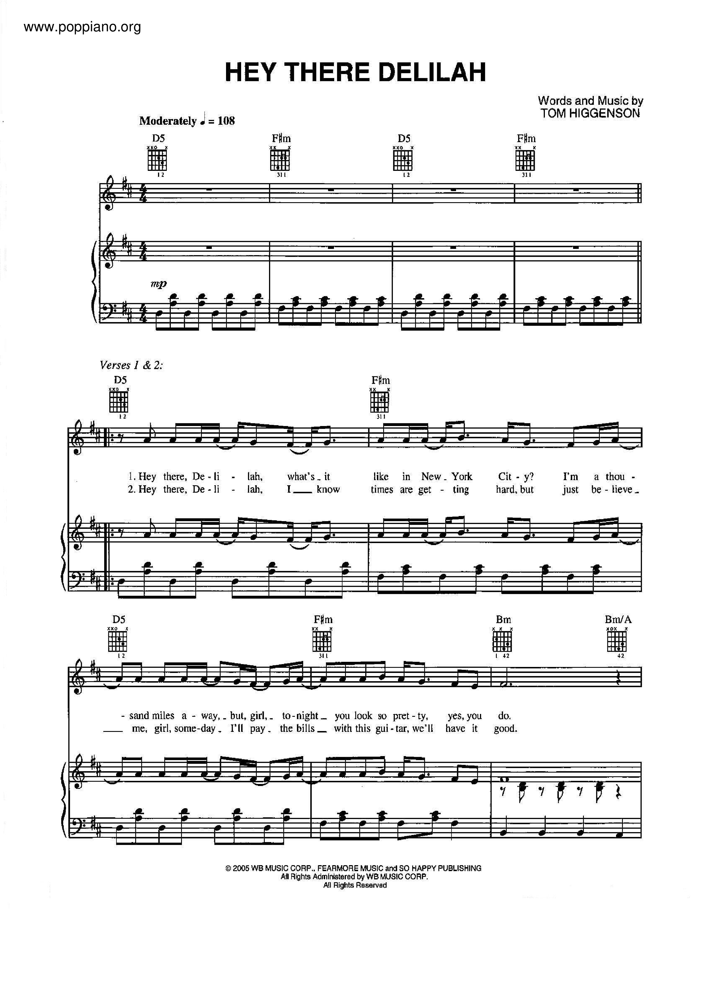 Perca Adelante fondo ☆ Plain White T's-Hey There Delilah Sheet Music pdf, - Free Score Download ☆