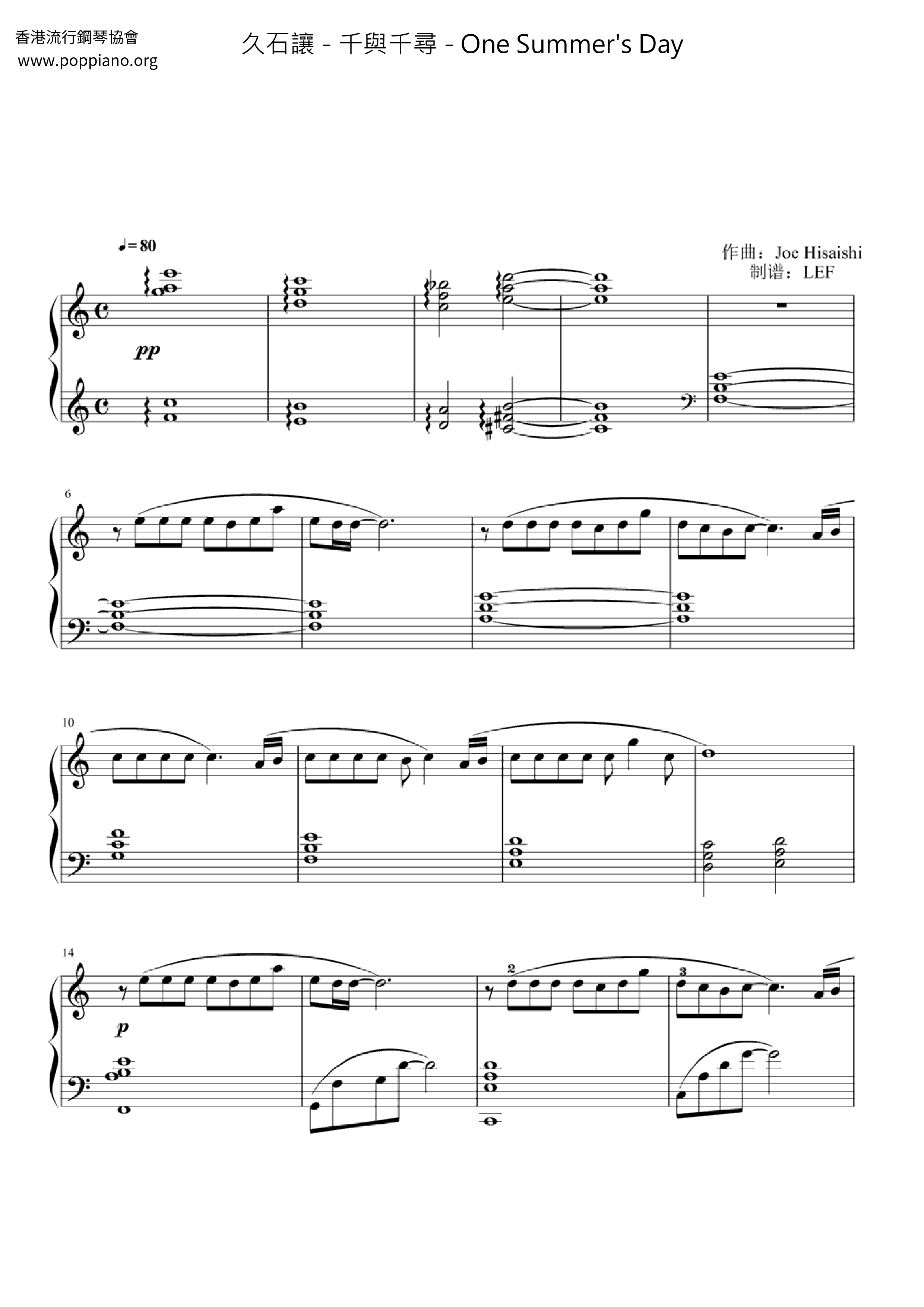 Joe Hisaishi 千與千尋 One Summer S Day Sheet Music Pdf 千と千尋の神隠し あの夏へ 楽譜 ひさいしじょう Free Score Download