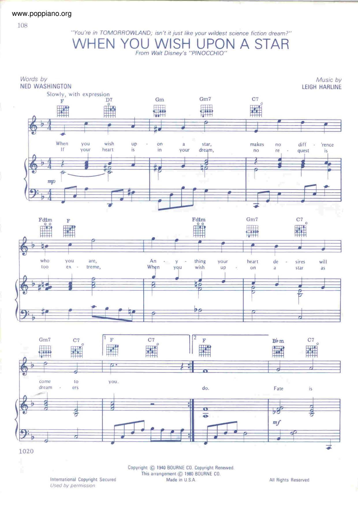 Movie Soundtrack Pinocchio When You Wish Upon A Star Sheet Music Pdf 星 に願いを 楽譜 ディズニー Free Score Download