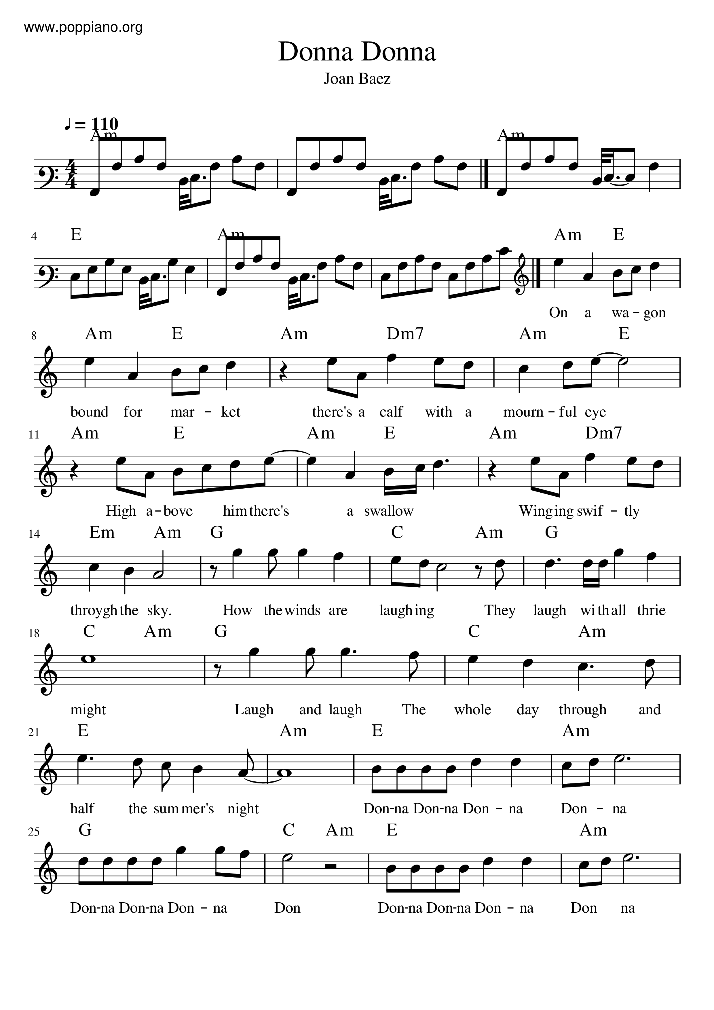 ★Joan Baez - Donna, Donna ピアノ譜pdf- 香港ポップピアノ協会 無料PDF楽譜ダウンロード gakufu