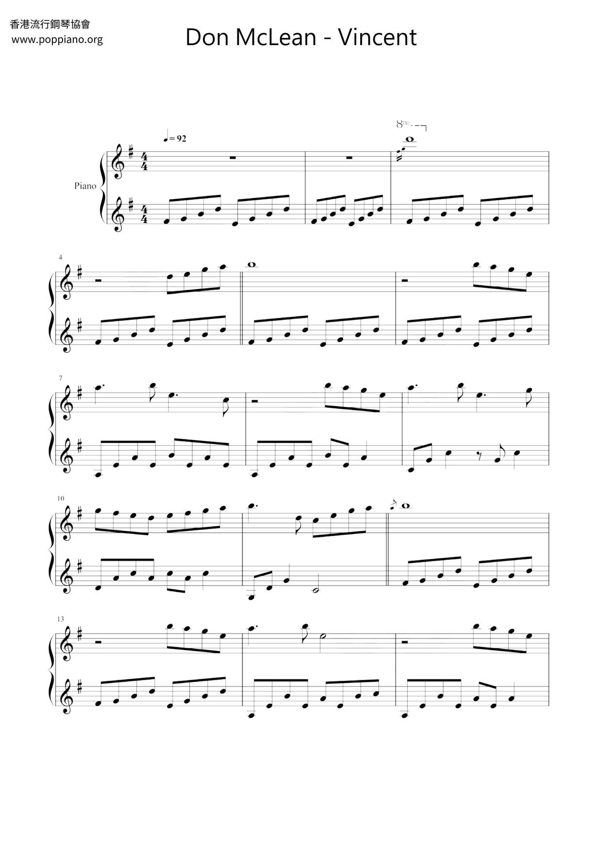 Vincent (Starry, Starry Night) | Sheet Music | Piano Score Free PDF ...