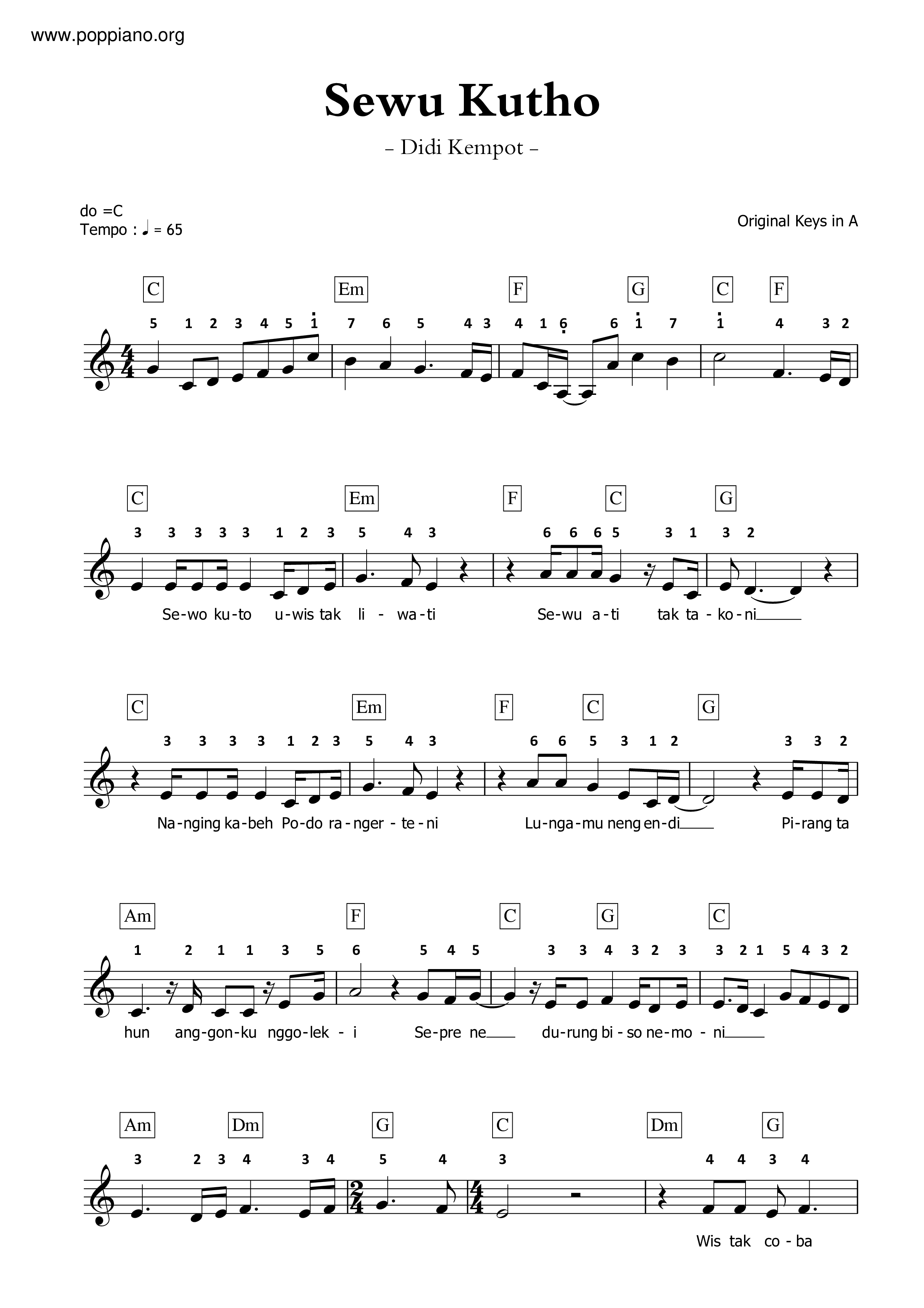 Sewu Kutho琴譜