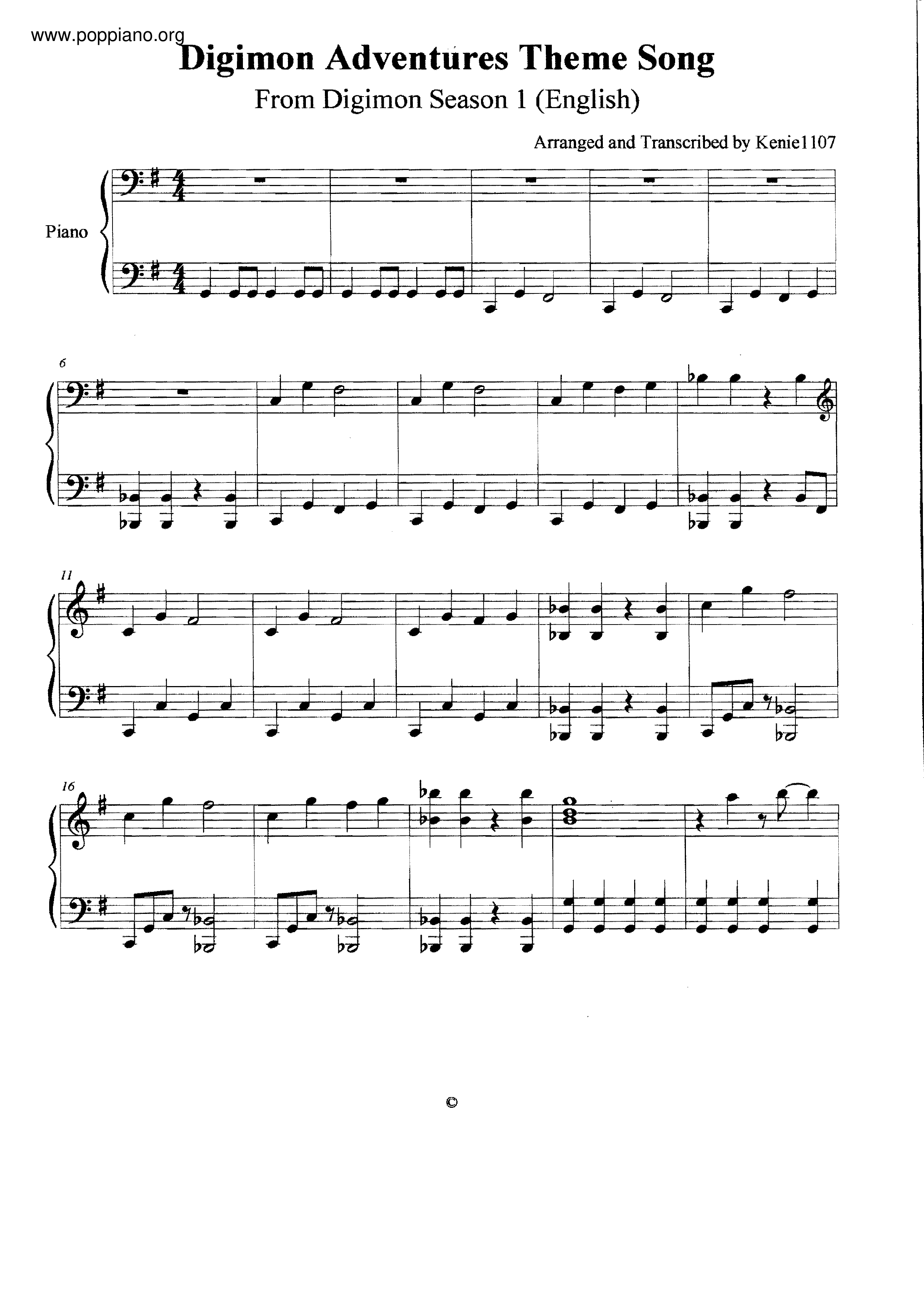 Digimon Adventures Theme Song琴譜