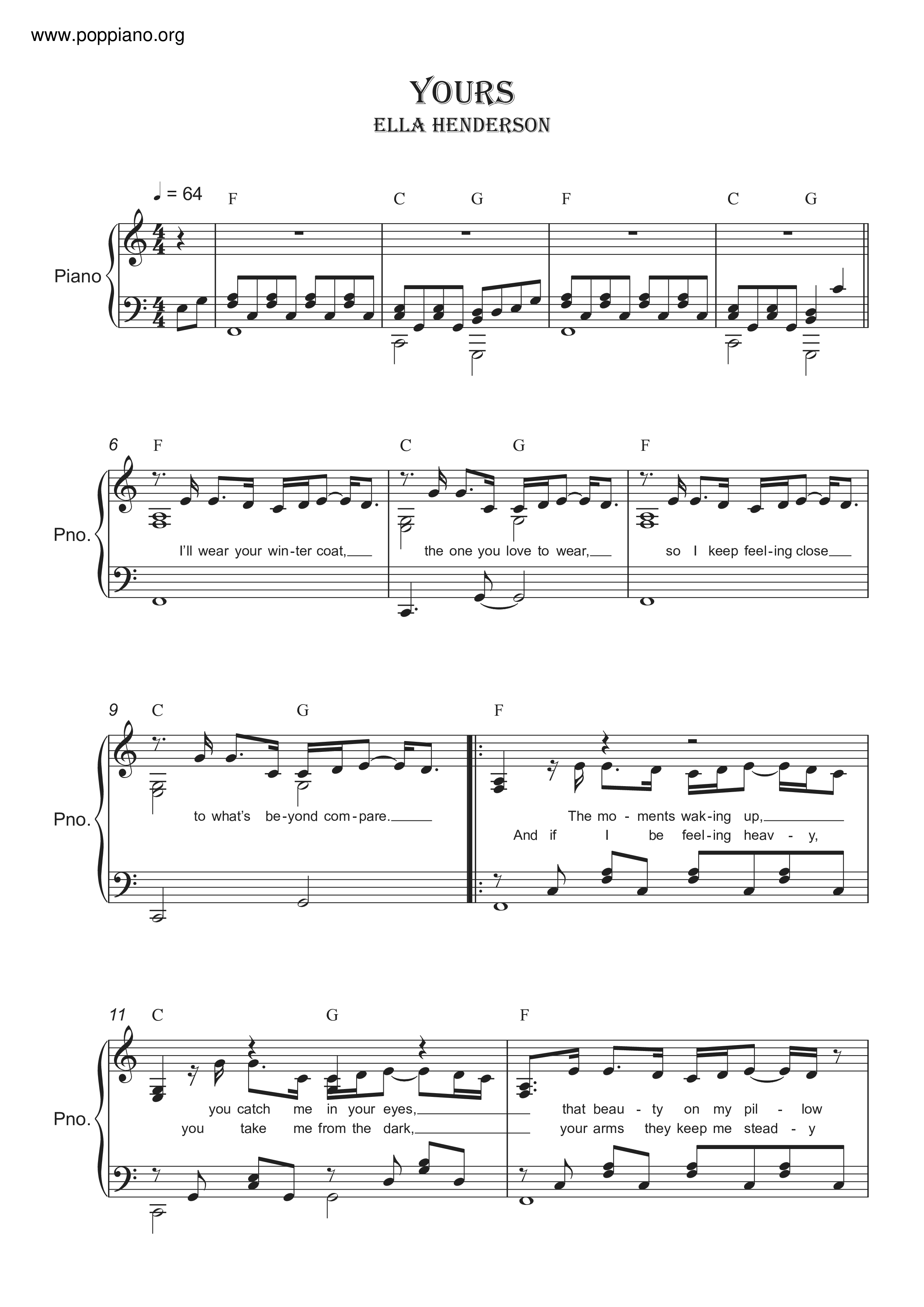 Ella Henderson Yours Sheet Music In C Major (transposable) Download