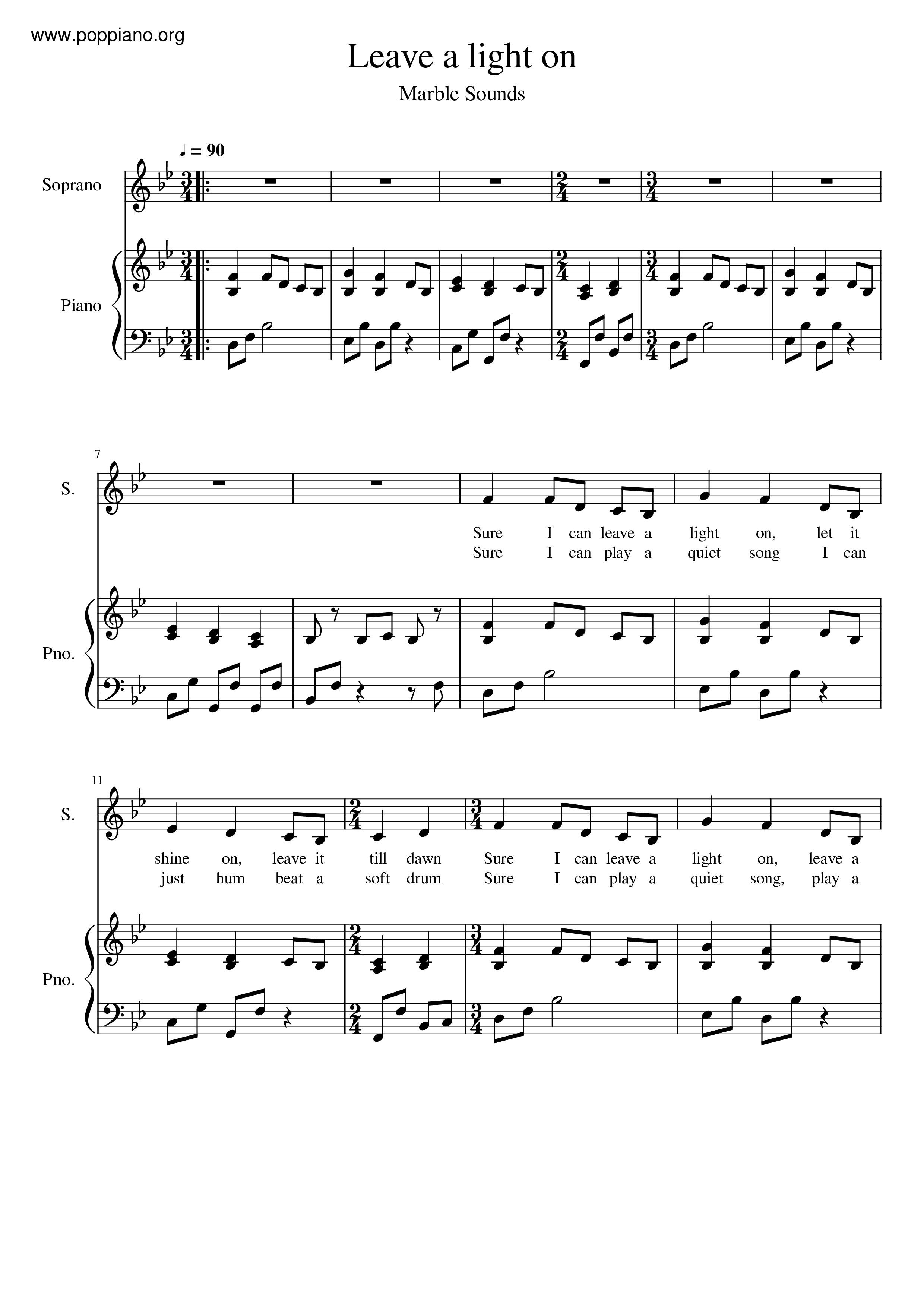 Marble SoundsLeave A Light On 琴谱/五线谱pdf香港流行钢琴协会琴谱下载 ★