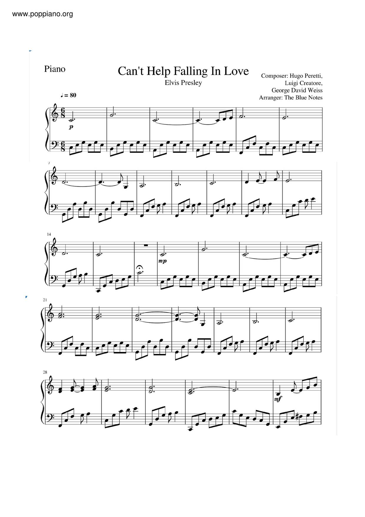 Elvis Presley Can T Help Falling In Love Sheet Music Pdf Free Score Download