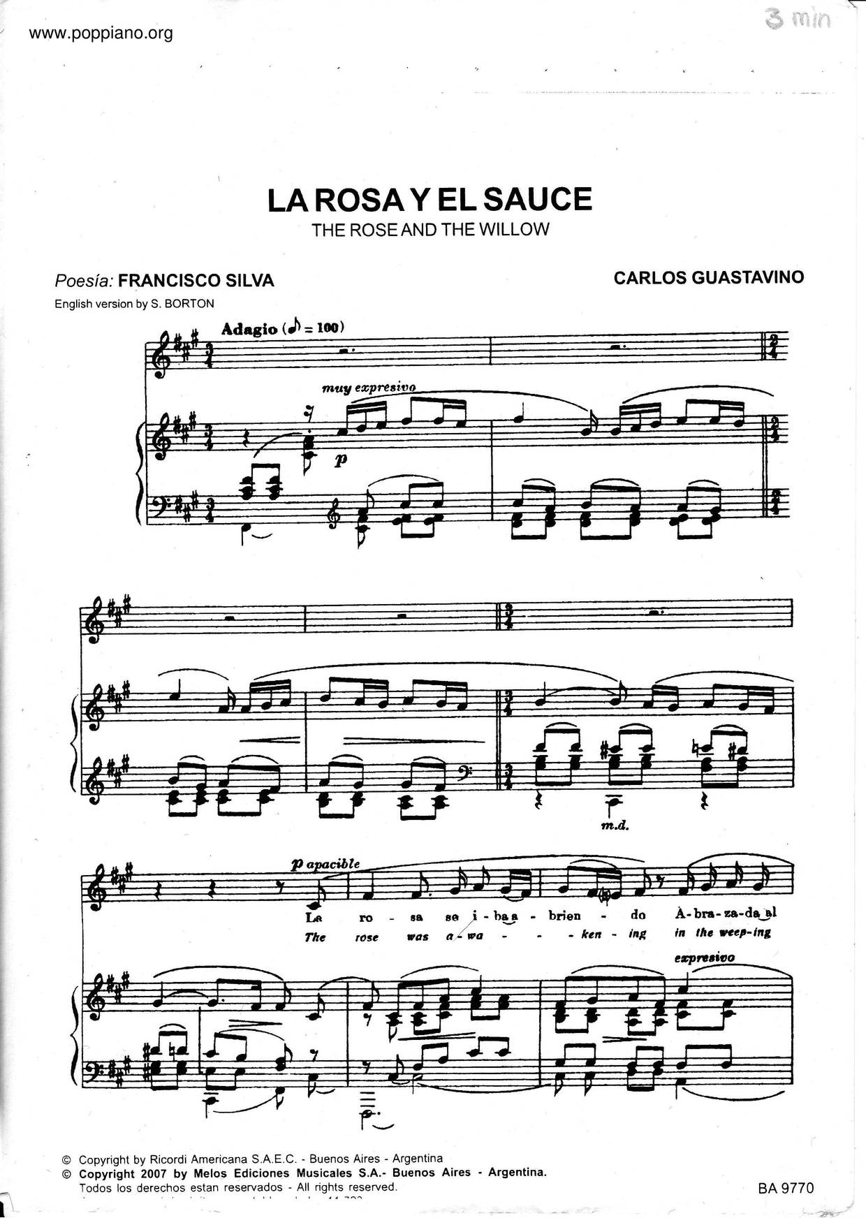 Carlos GuastavinoLa Rosa Y El Sauce 琴譜/五線譜pdf香港流行鋼琴協會琴譜下載 ★