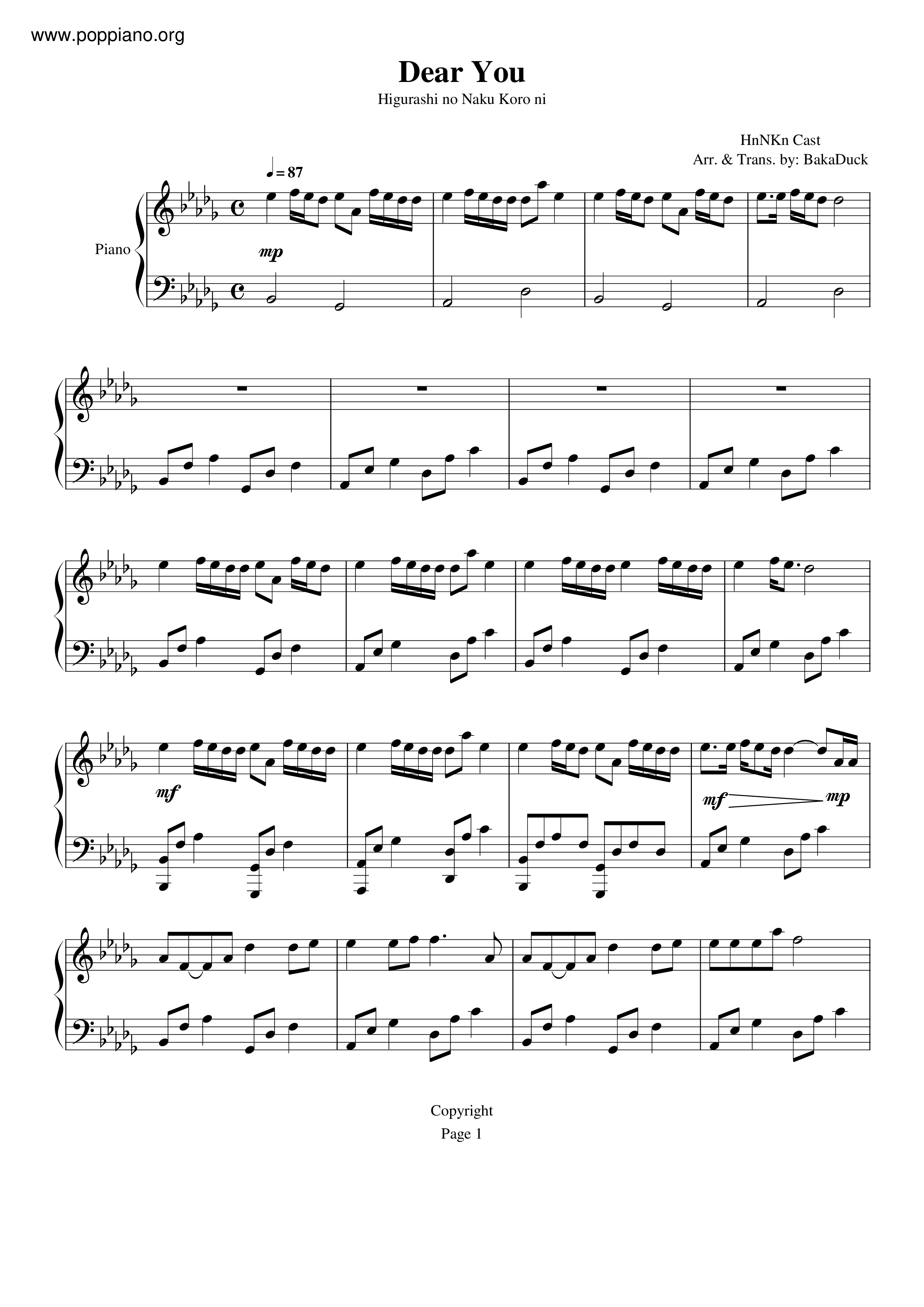 Anime Higurashi When They Cry Dear You Sheet Music Pdf ひぐらしのなく頃に Dear You 楽譜 アニメソング Free Score Download