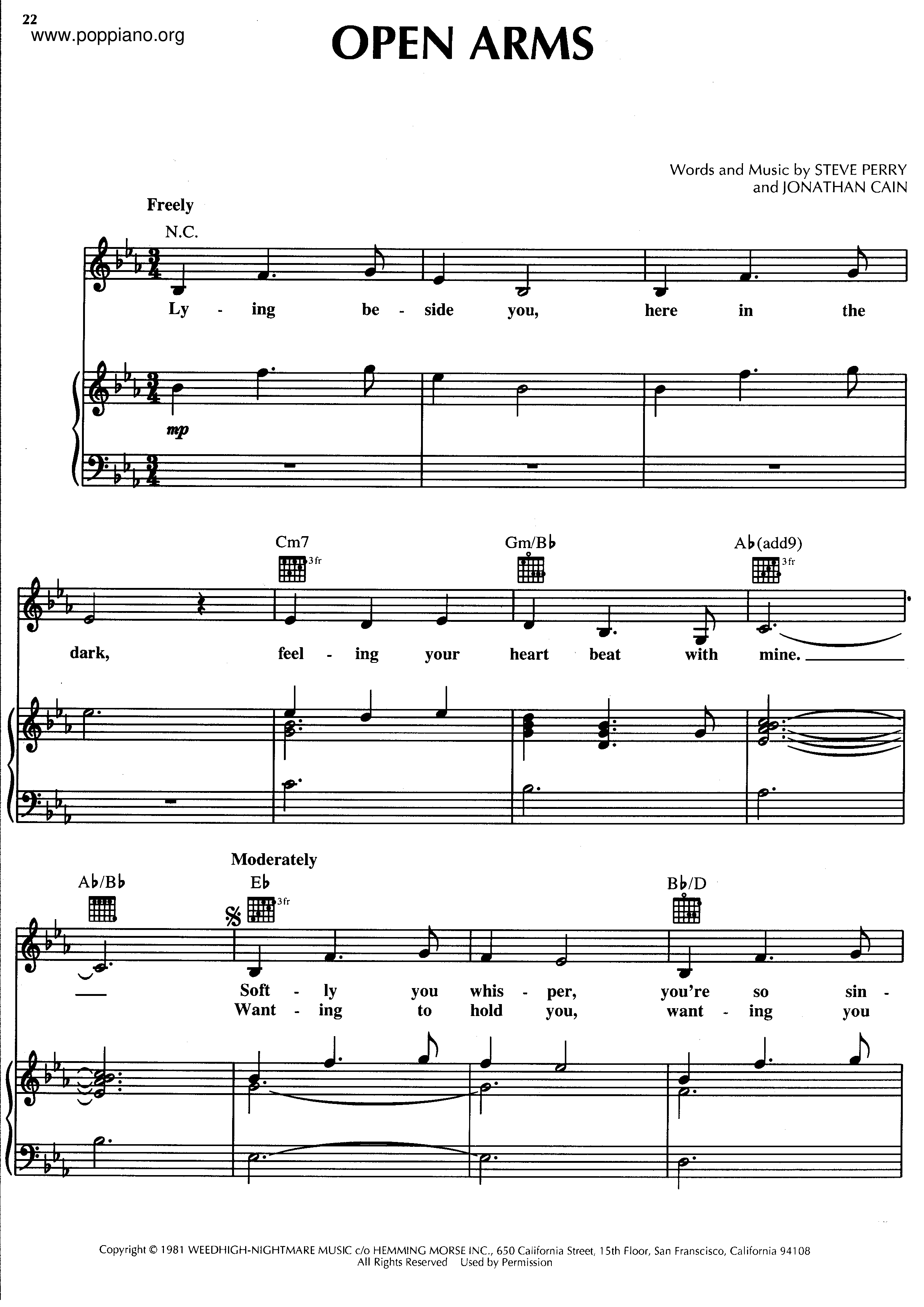 JourneyOpen Arms 琴譜/五線譜pdf香港流行鋼琴協會琴譜下載 ★