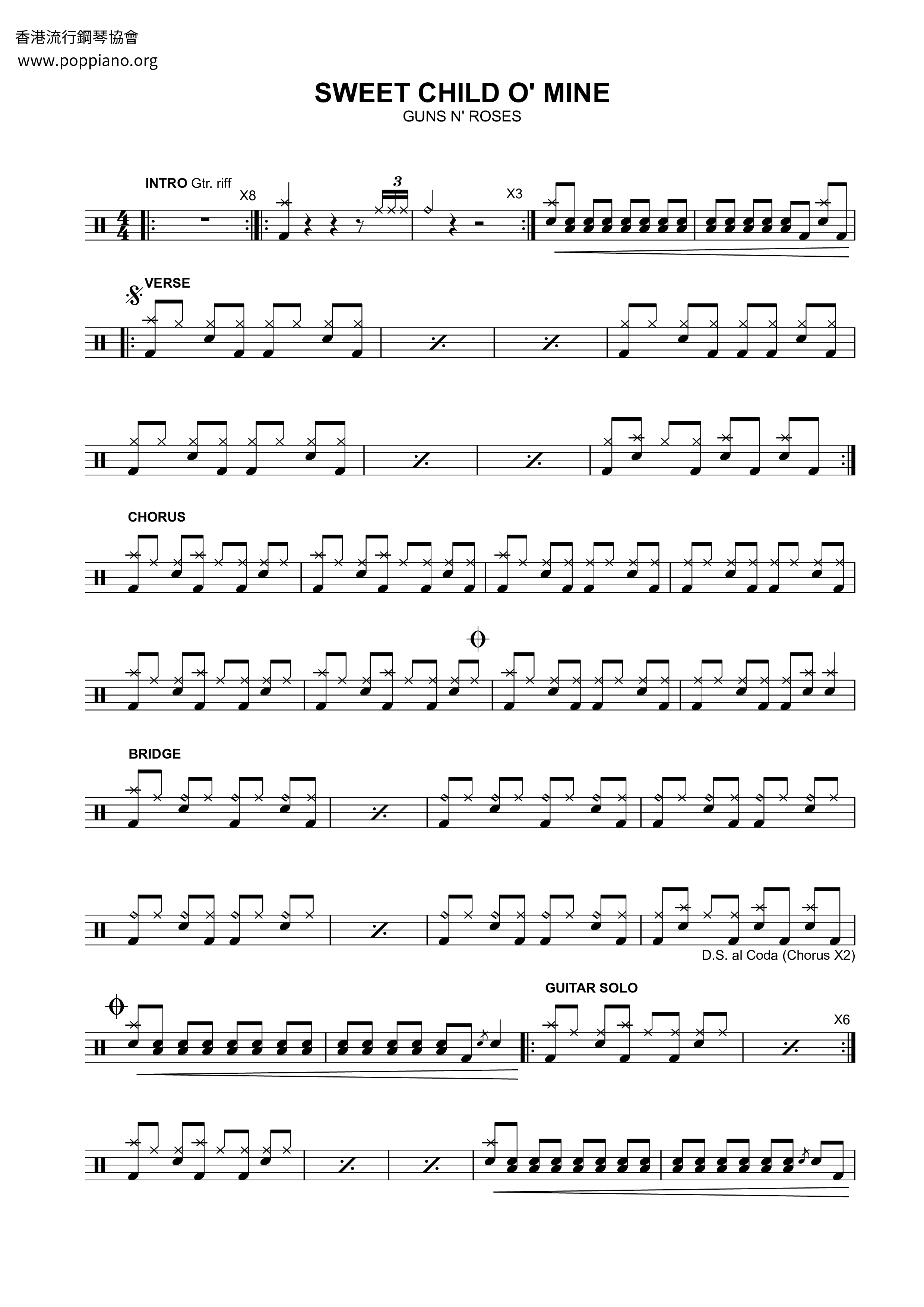 Guns N Roses Sweet Child O Mine Drum Tab Pdf Free Score Download