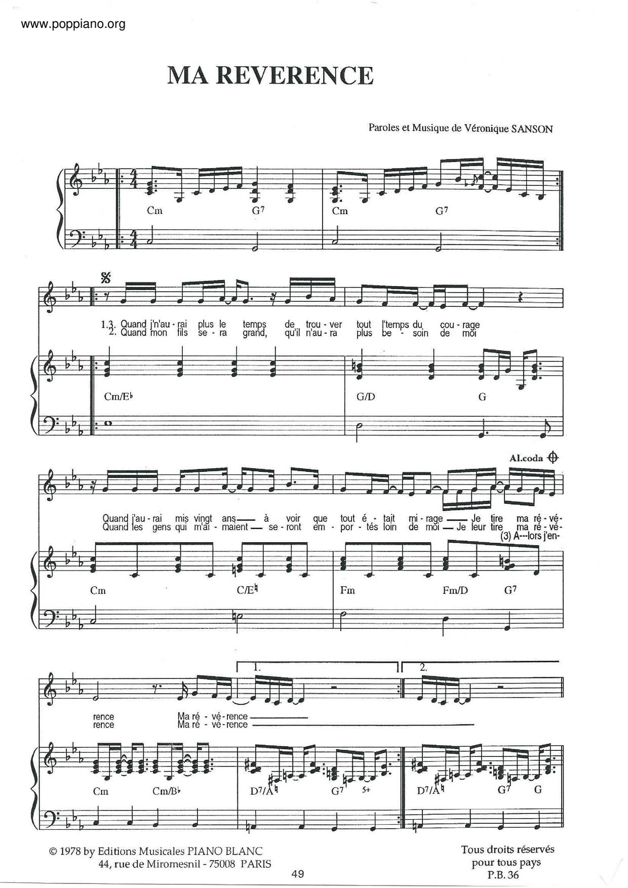 Veronique Sanson Ma Reverence Sheet Music Pdf Free Score Download Veronique Sanson Ma Reverence Sheet Music Pdf Free Score Download