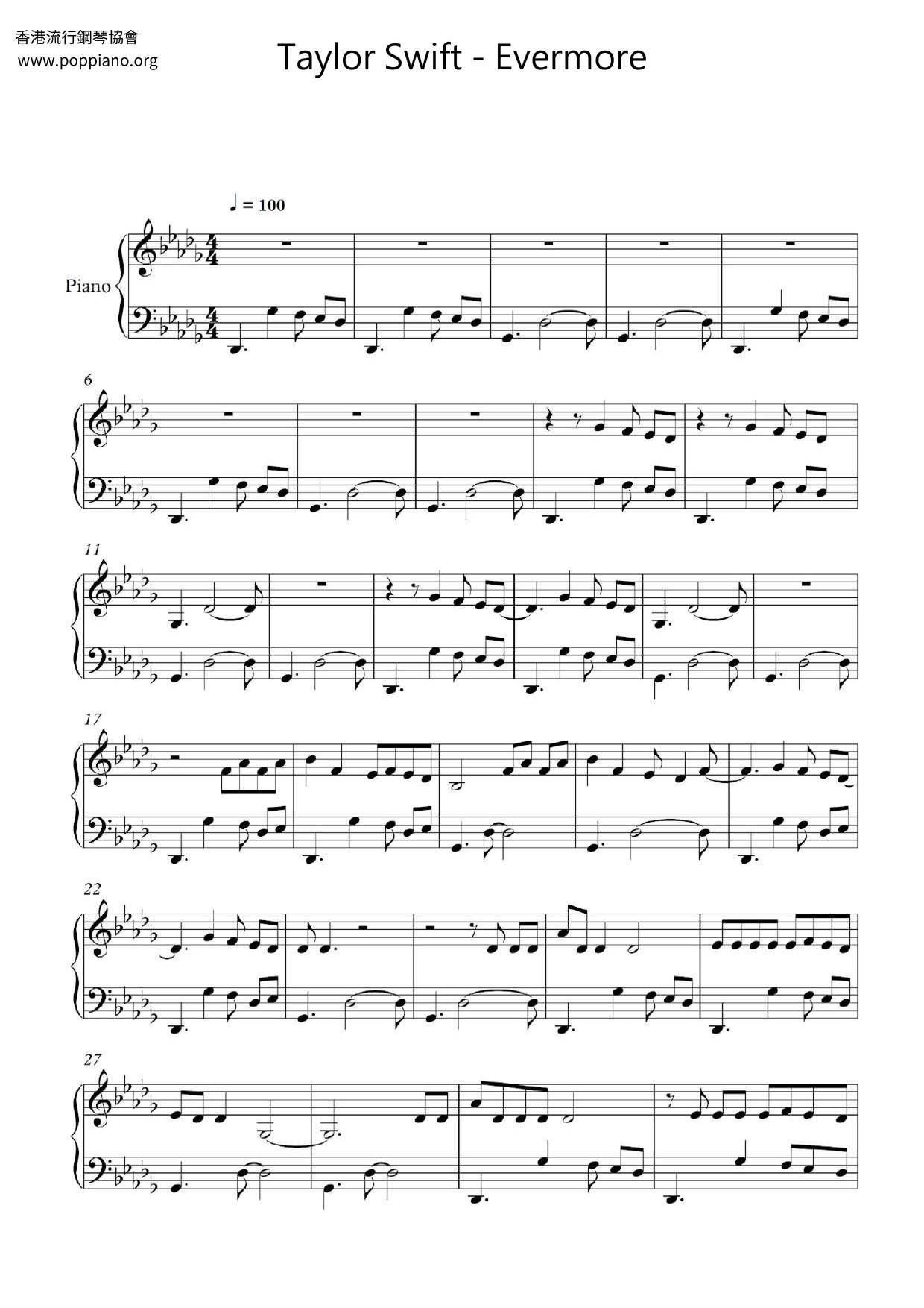 Taylor Swift-Evermore 琴譜pdf-香港流行鋼琴協會琴譜下載 ★